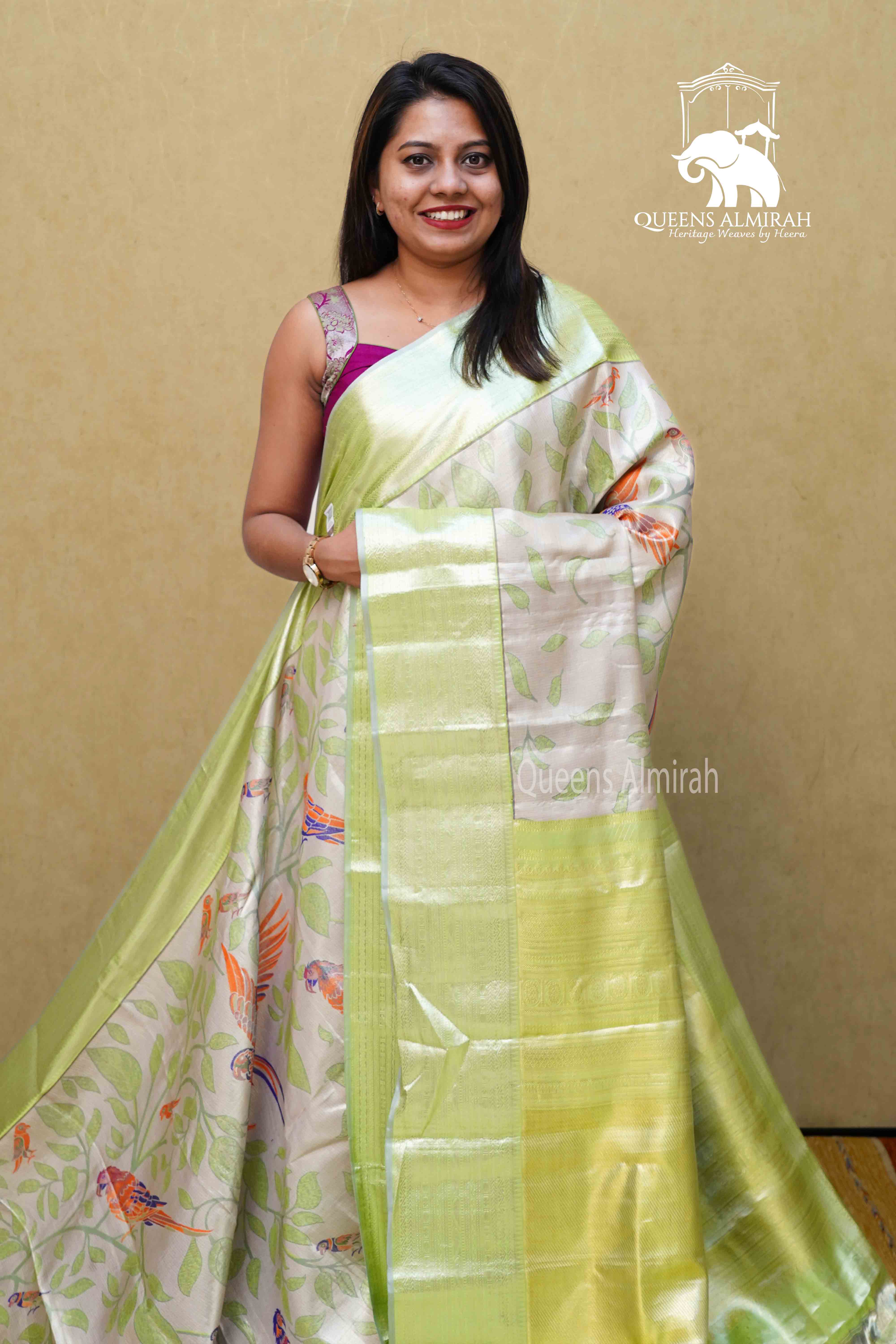 LIGHT CREAM WITH PISTA GREEN KANCHIVARAM SILK SAREE - Queens Jewel Emporium