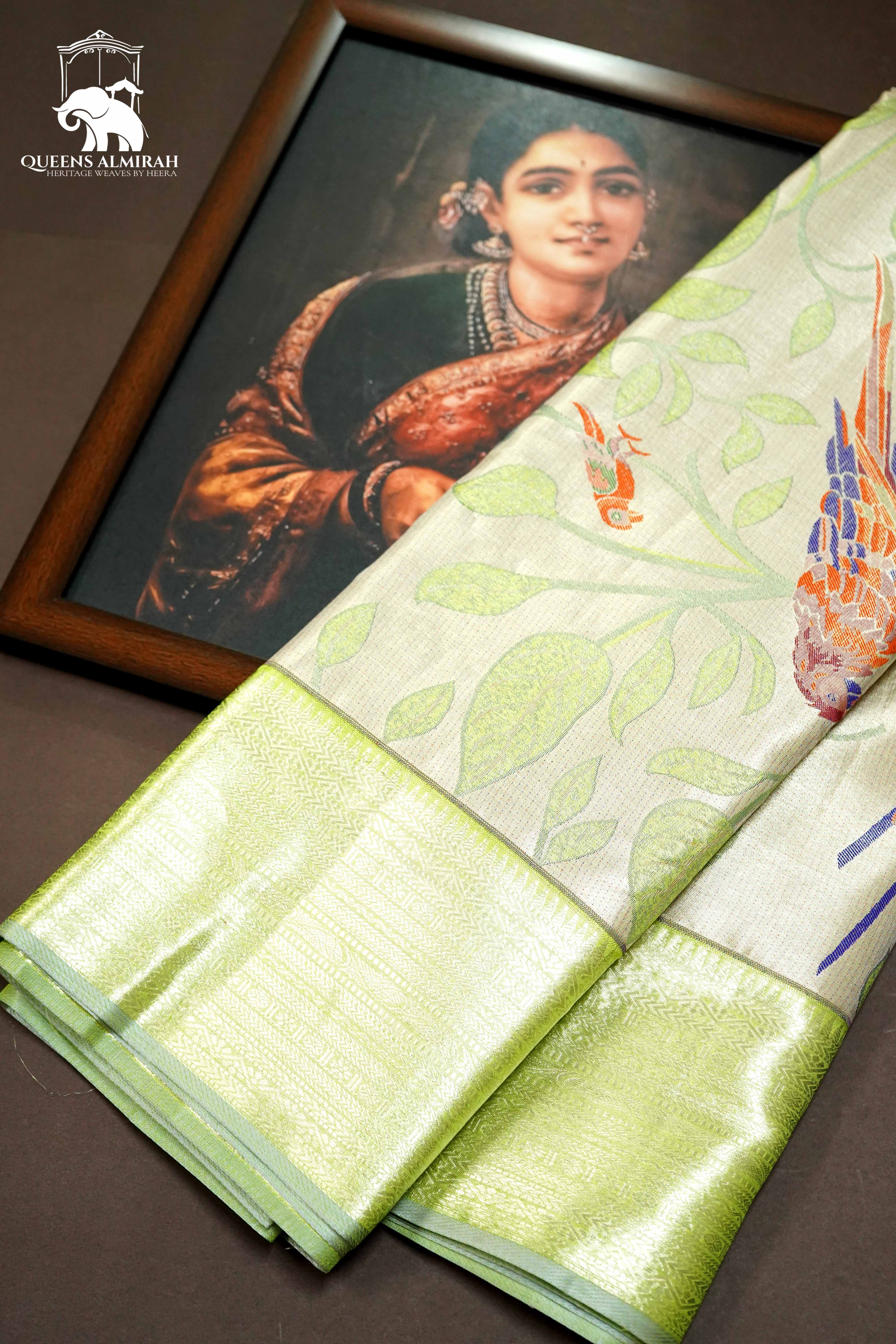 LIGHT CREAM WITH PISTA GREEN KANCHIVARAM SILK SAREE - Queens Jewel Emporium