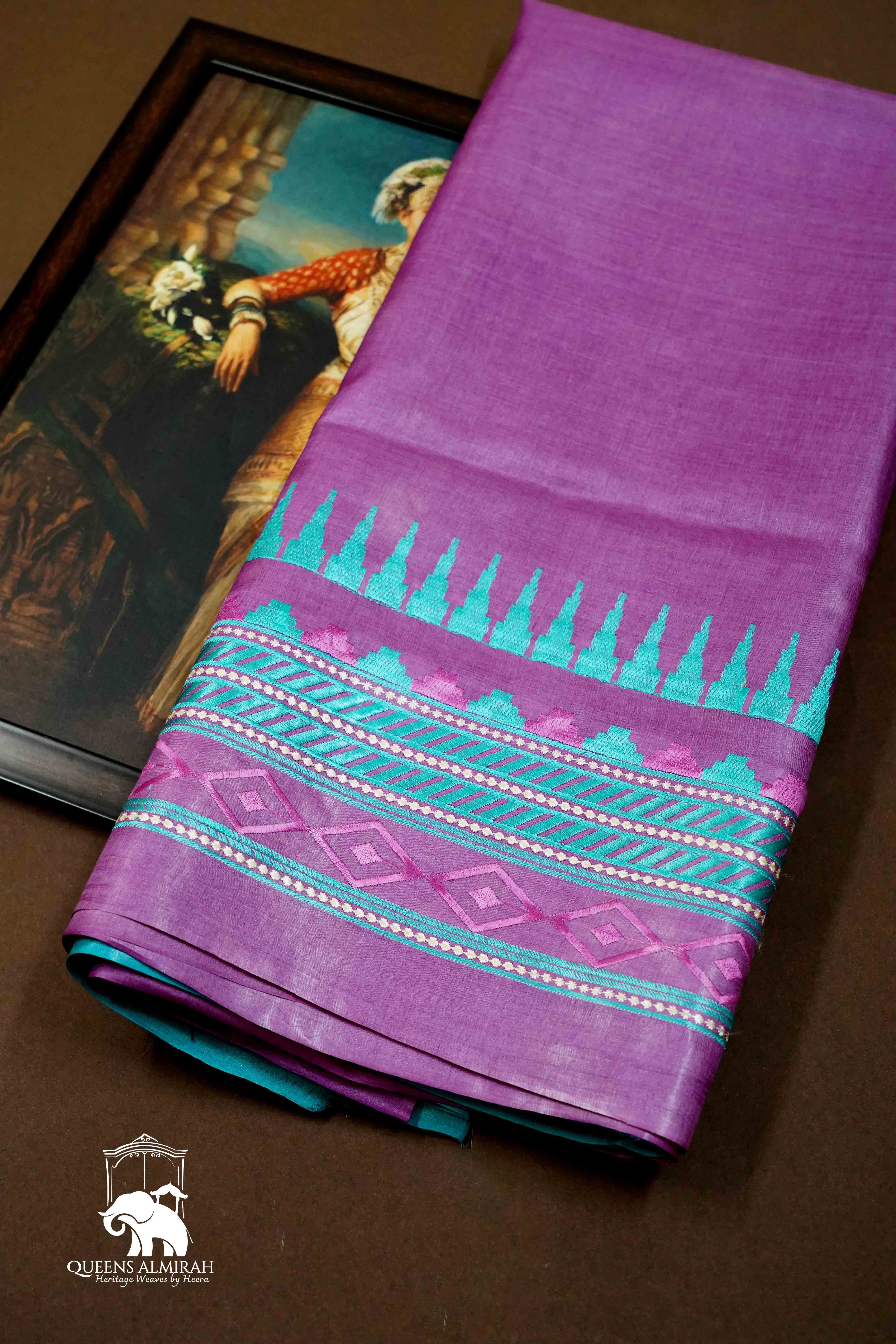 LIGHT PLUM WITH SEA BLUE PURE TUSSAR SILK SAREE - Queens Jewel Emporium