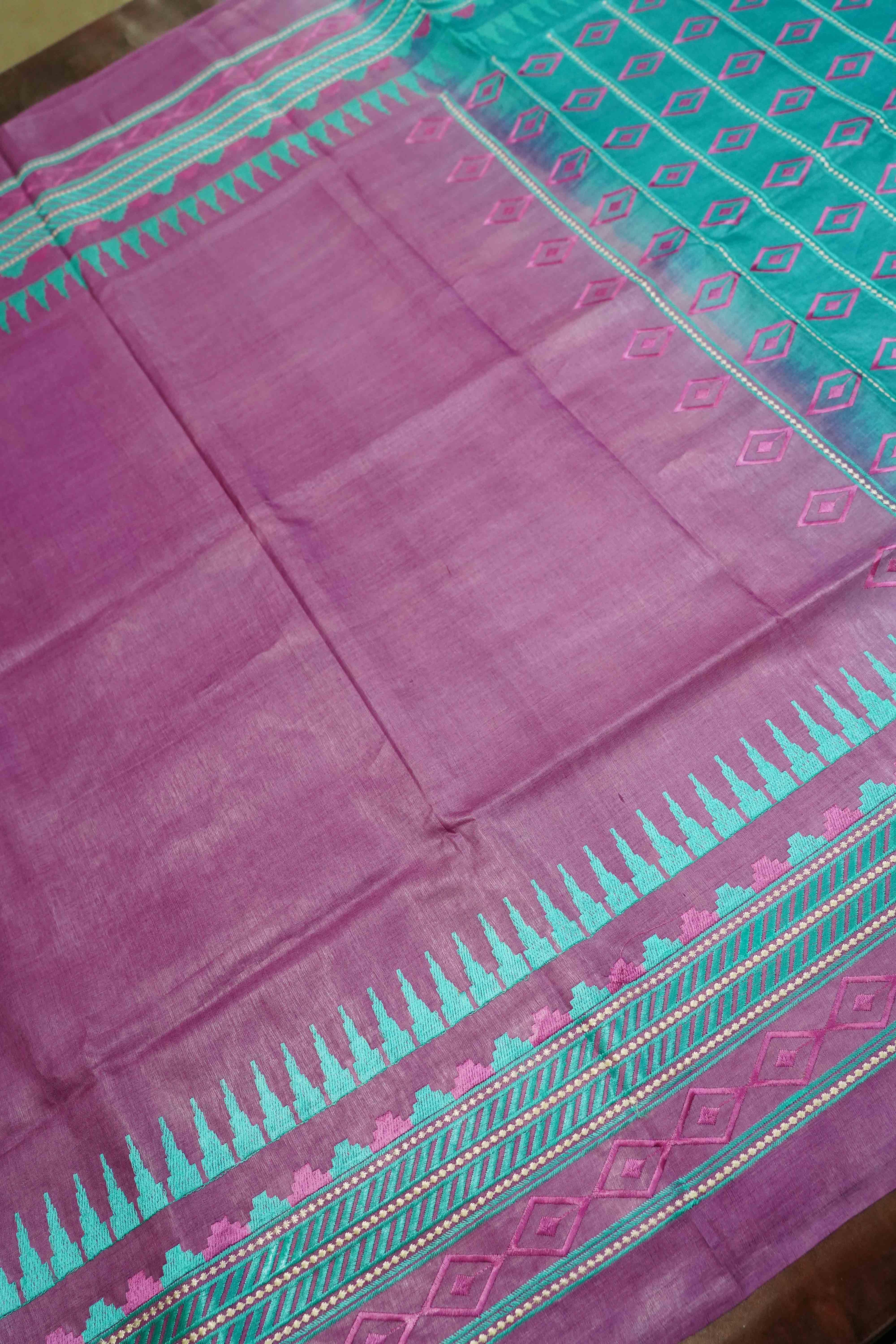 LIGHT PLUM WITH SEA BLUE PURE TUSSAR SILK SAREE - Queens Jewel Emporium