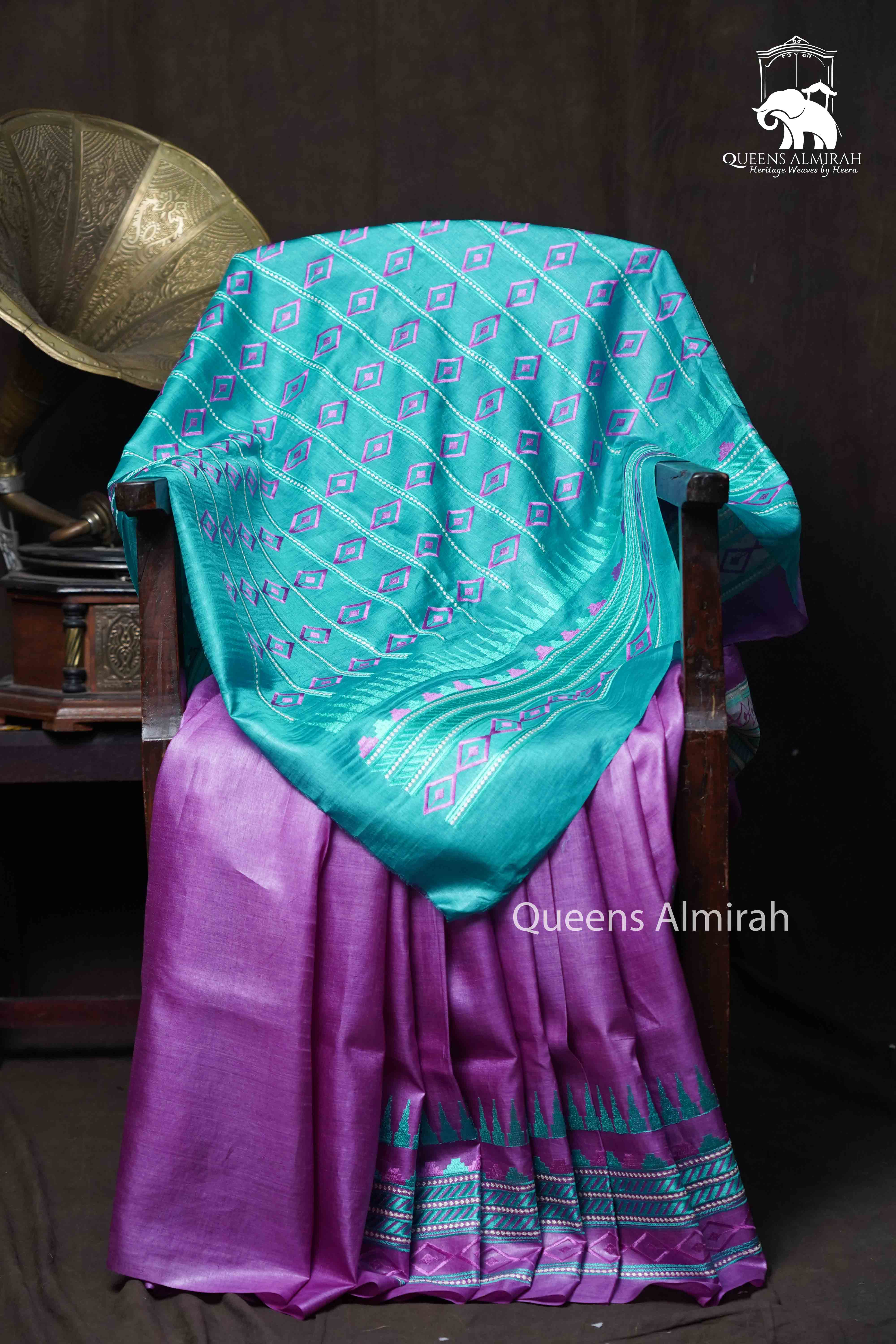Light Plum With Sea Blue Pure Tussar Silk Saree - Queens Jewel Emporium