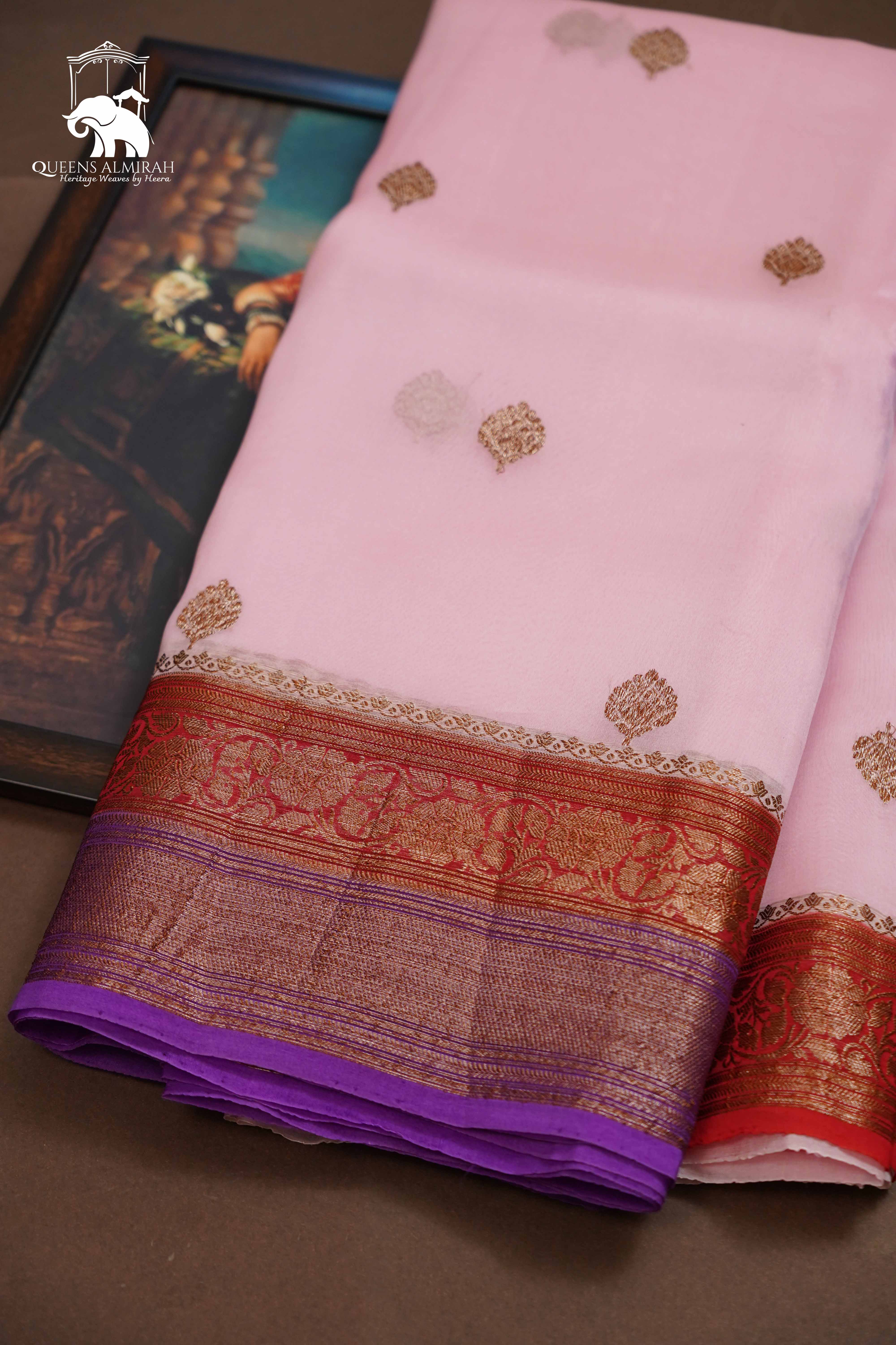 Lilac Pink With Red Brown Banarasi organza saree - Queens Jewel Emporium