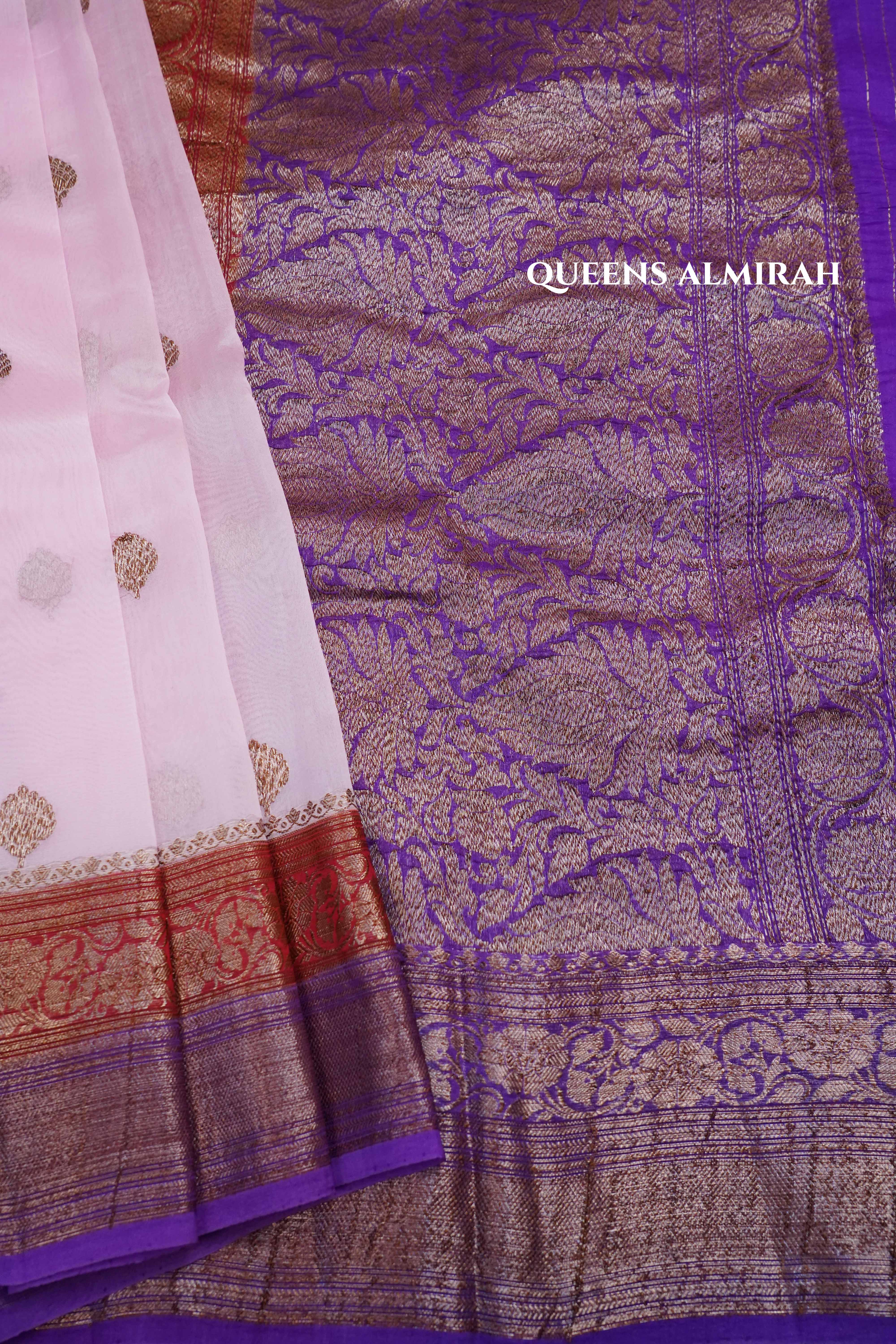 Lilac Pink With Red Brown Banarasi organza saree - Queens Jewel Emporium
