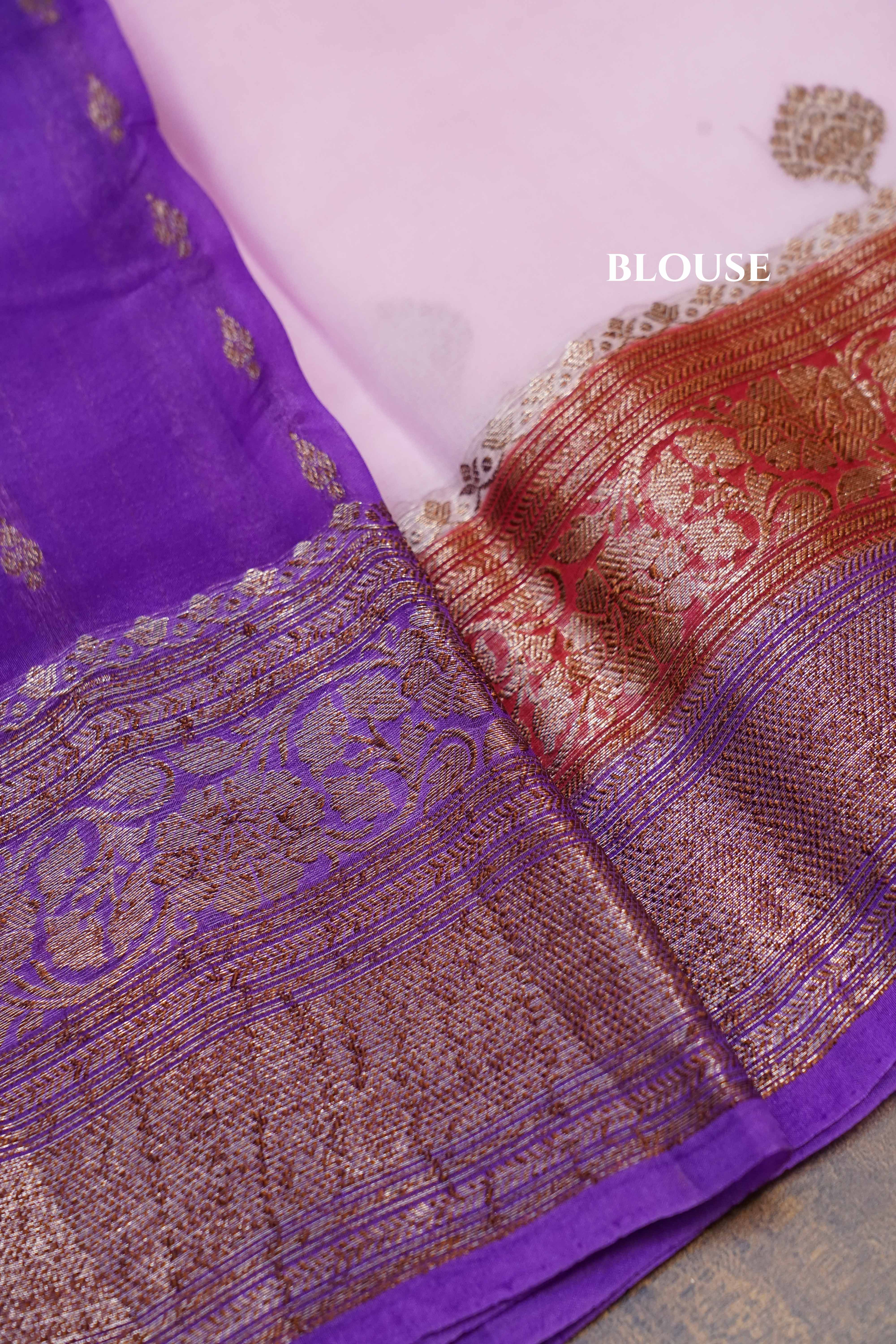 Lilac Pink With Red Brown Banarasi organza saree - Queens Jewel Emporium