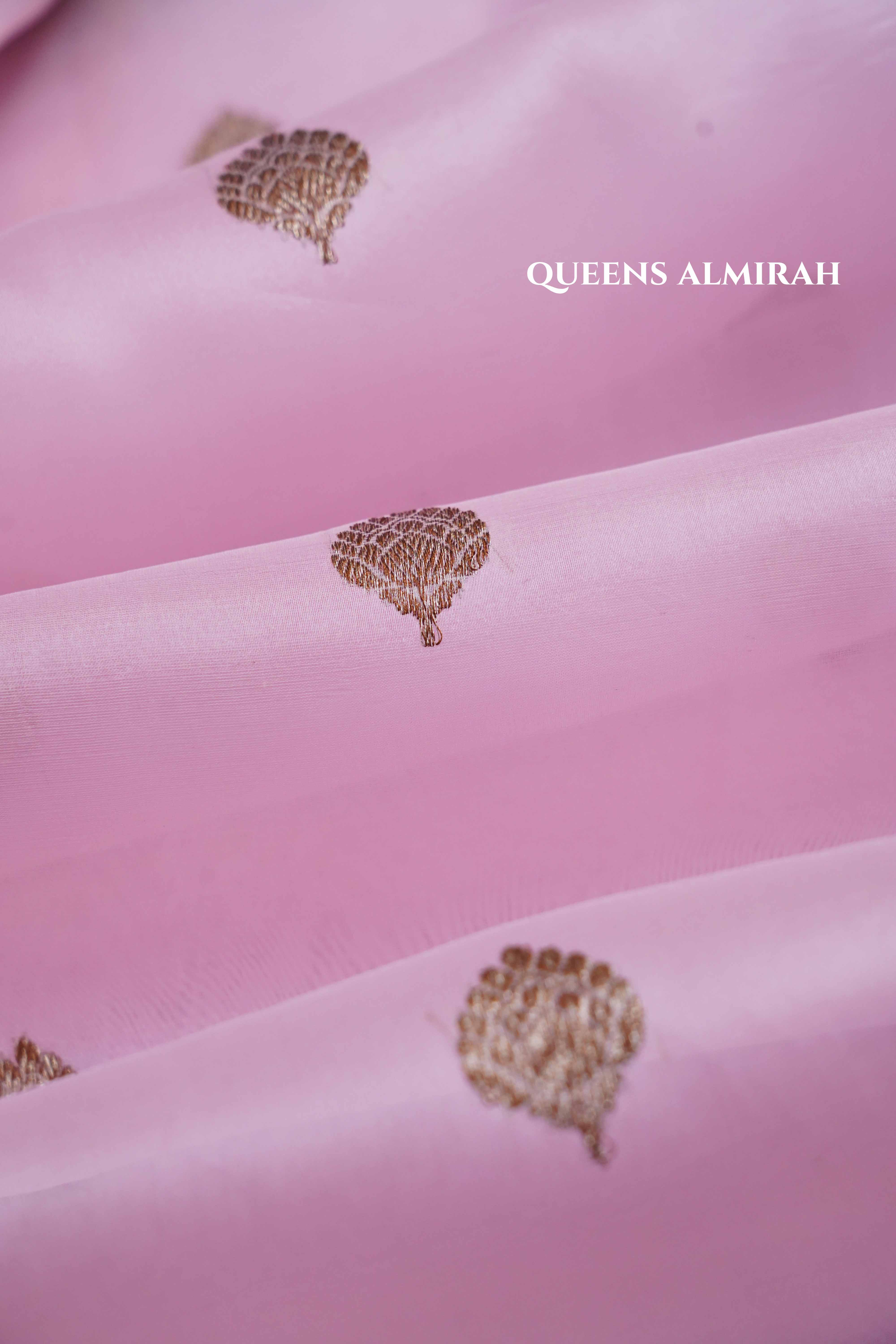 Lilac Pink With Red Brown Banarasi organza saree - Queens Jewel Emporium