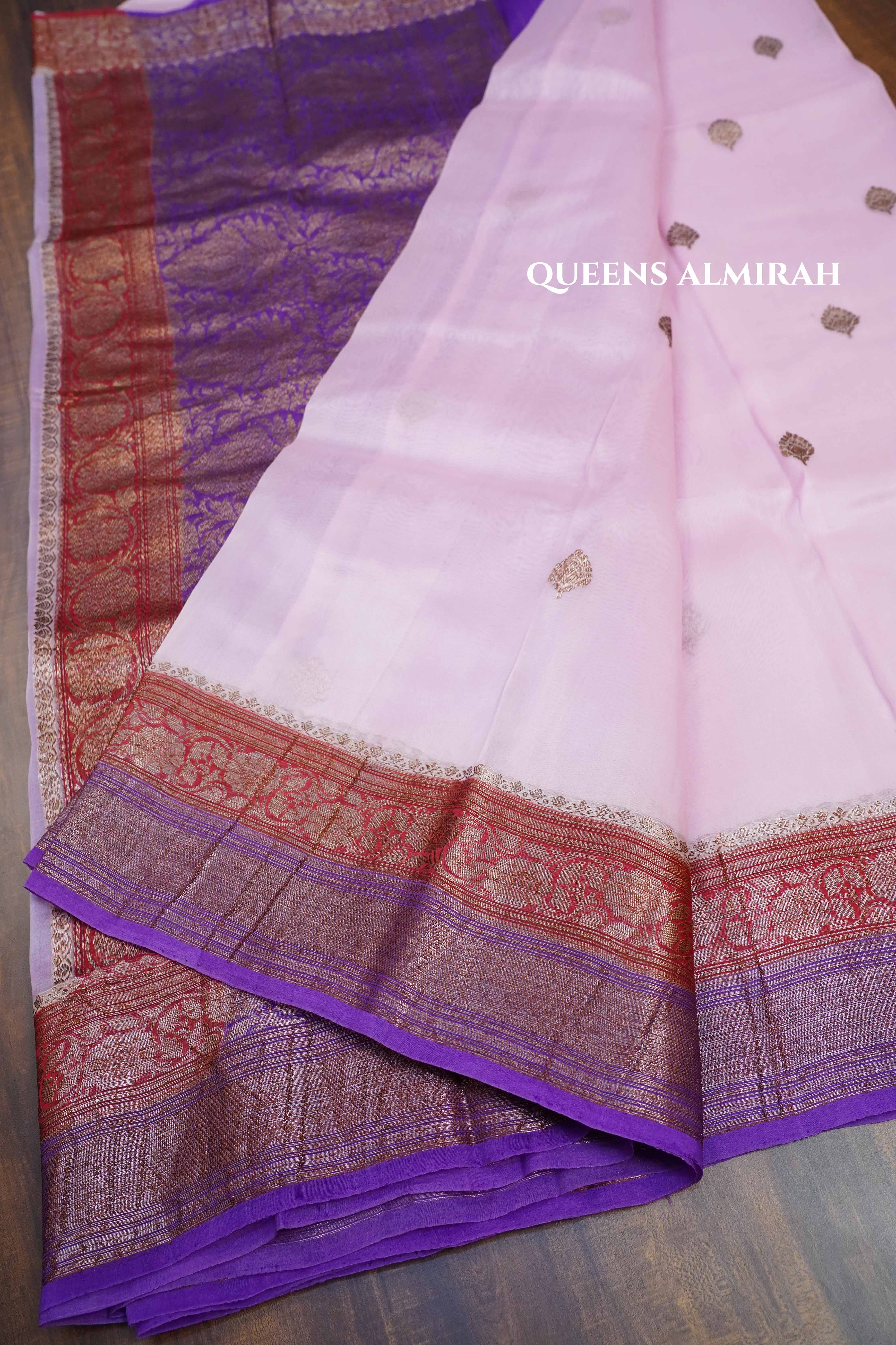 Lilac Pink With Red Brown Banarasi organza saree - Queens Jewel Emporium