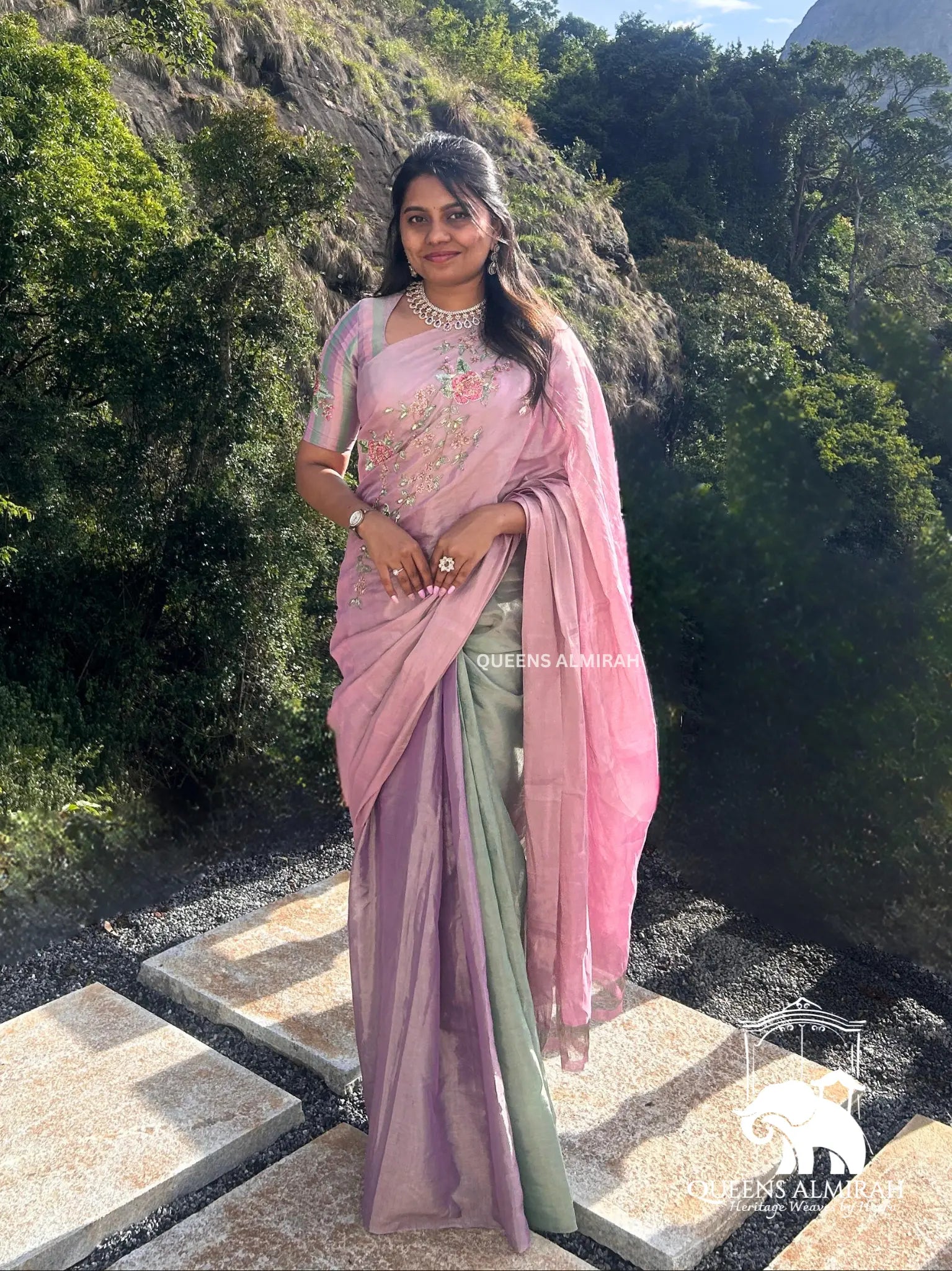 Lilly Pink With Pastel Green Designer Chanderi Silk Saree QUEENS ALMIRAH