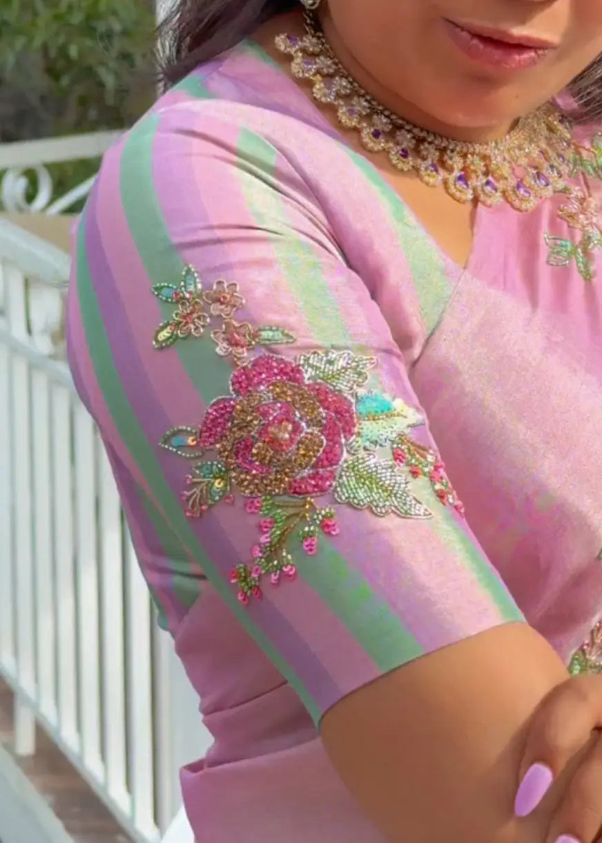 Lilly Pink With Pastel Green Designer Chanderi Silk Saree QUEENS ALMIRAH
