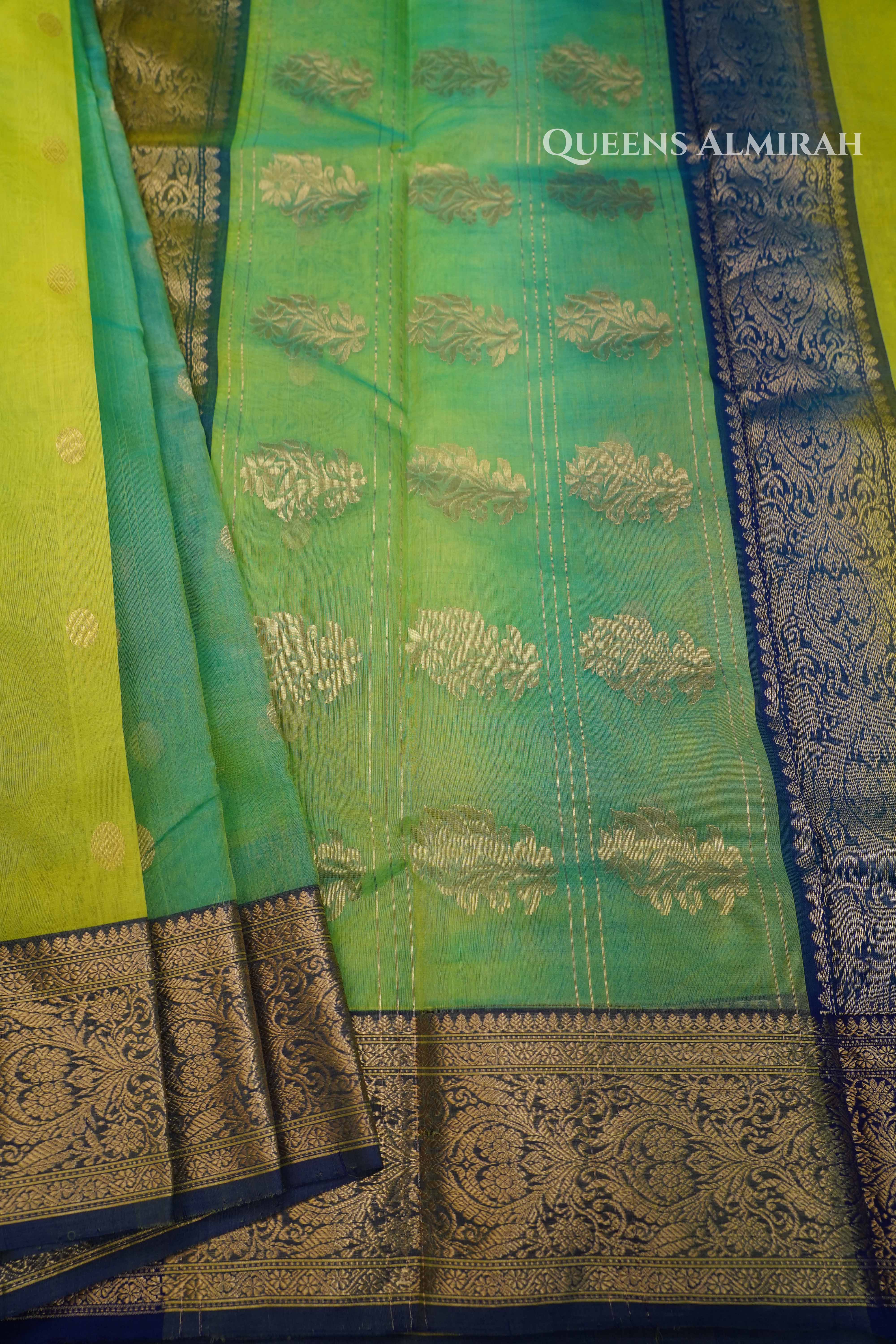 Lime Green With Teal Blue Chanderi Katan Silk Handloom Saree QUEENS ALMIRAH