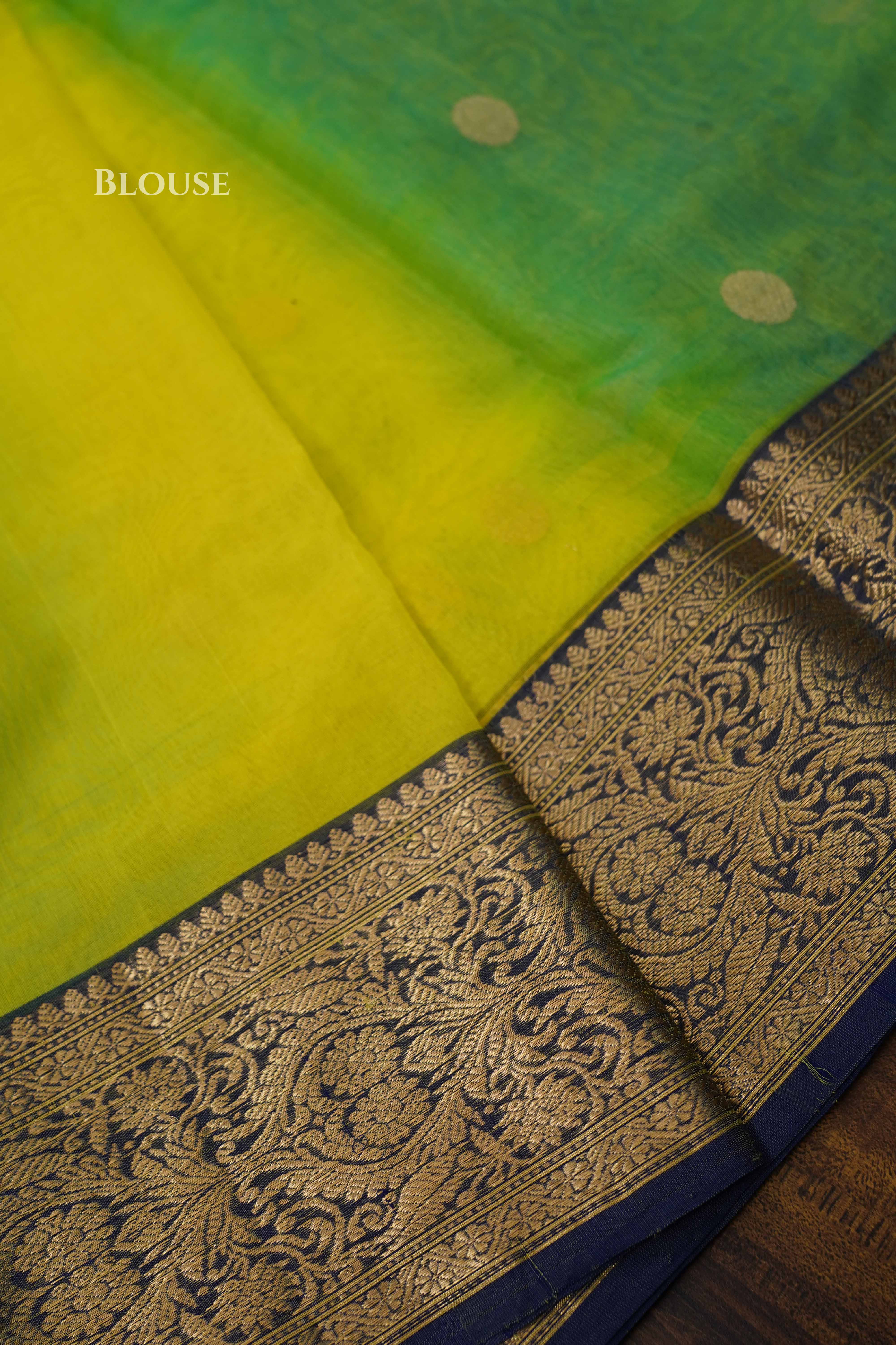 Lime Green With Teal Blue Chanderi Katan Silk Handloom Saree QUEENS ALMIRAH