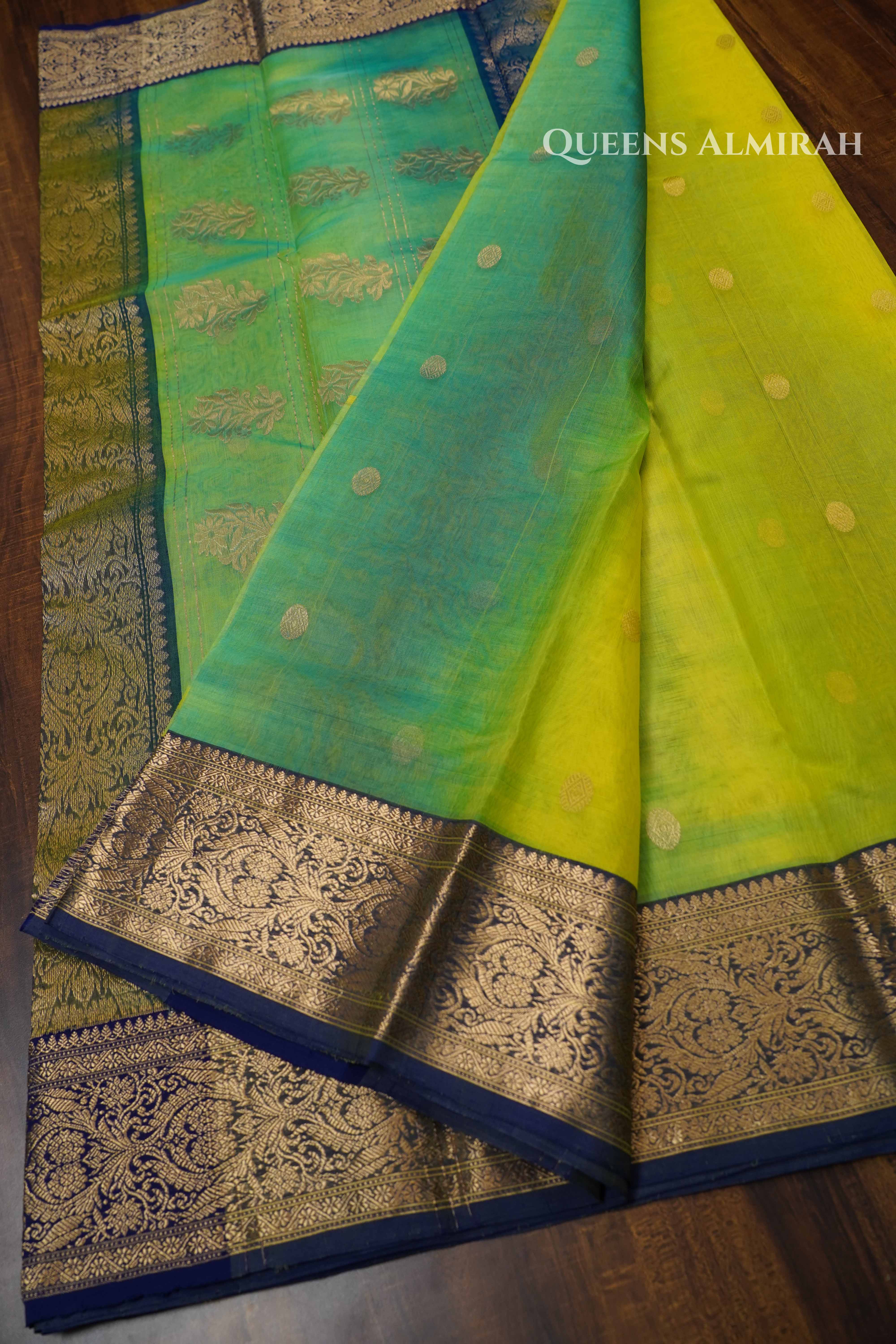Lime Green With Teal Blue Chanderi Katan Silk Handloom Saree QUEENS ALMIRAH