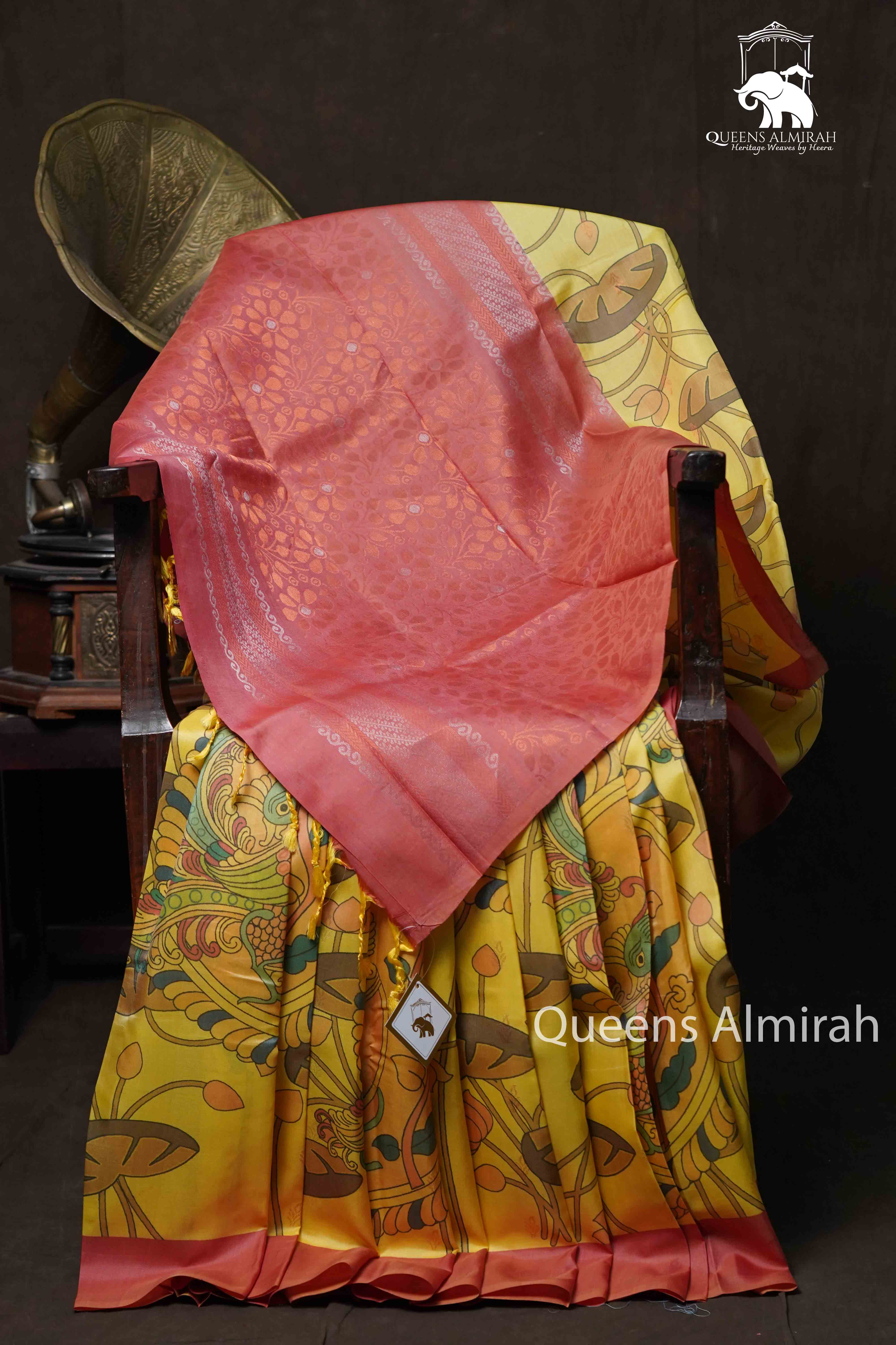 Lime Yellow Pure Kanchivaram Silk Saree QUEENS ALMIRAH