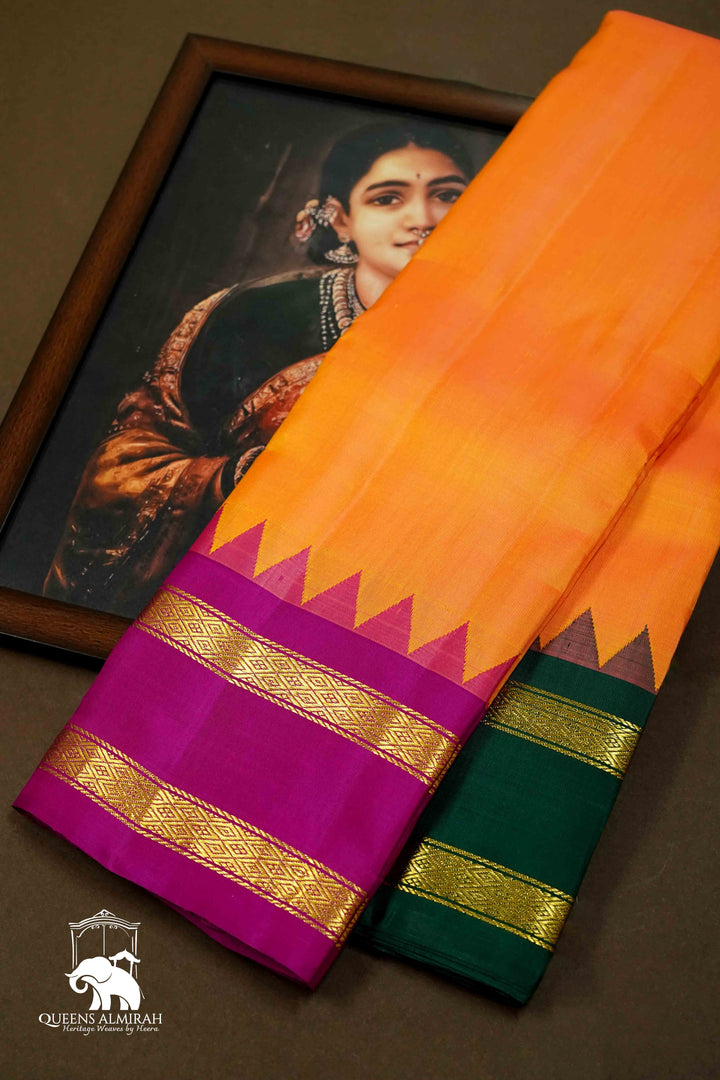 PUMPKIN ORANGE WITH BOTTLE GREEN AND MAGENTA PURE KANCHIVARAM SILK SAREE - Queens Jewel Emporium