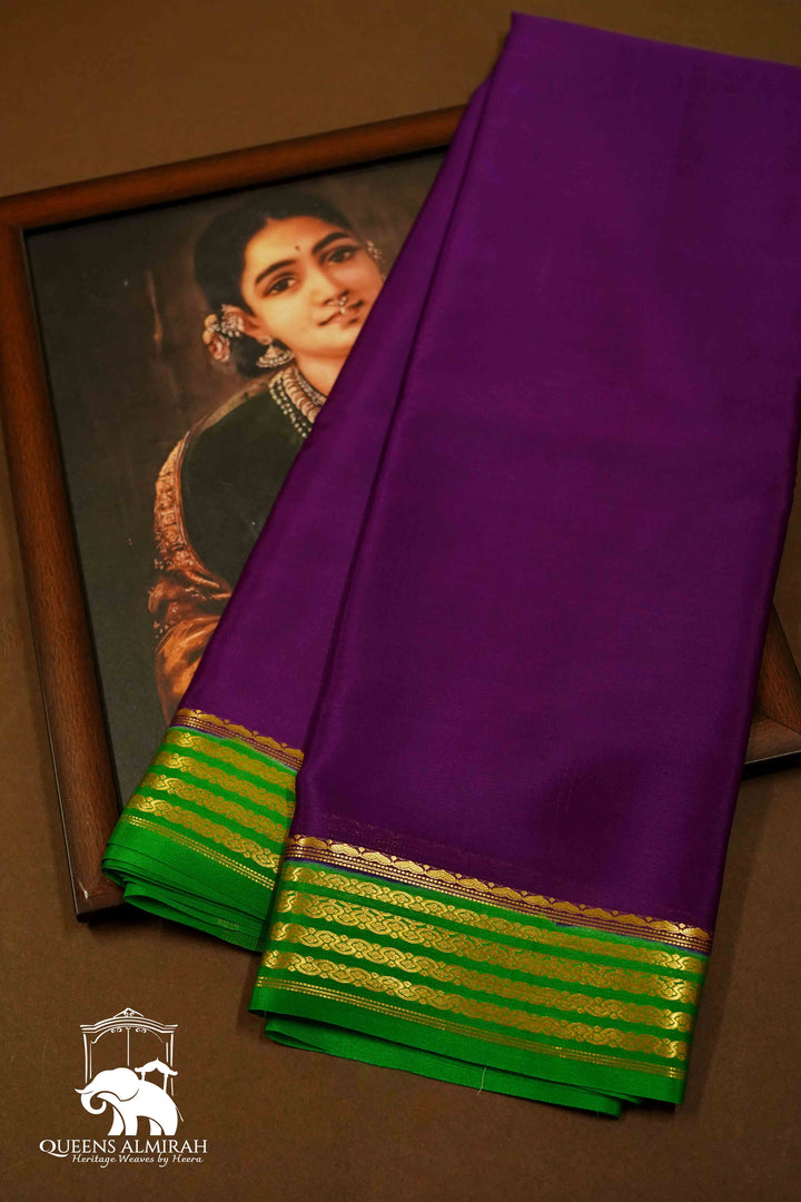 PLUM PURPLE WITH DEEP GREEN MYSORE SILK SAREE - Queens Jewel Emporium