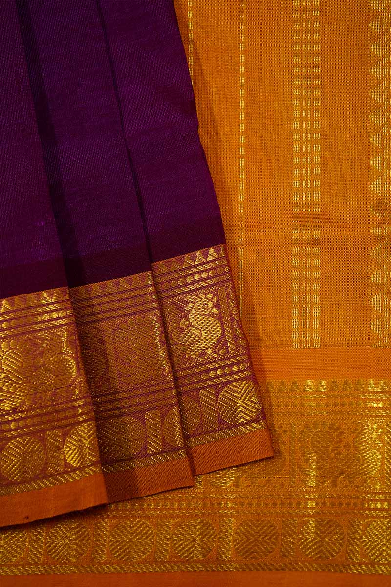 MAGENTA WITH MUSTARD KANCHI SILK SAREE - Queens Jewel Emporium