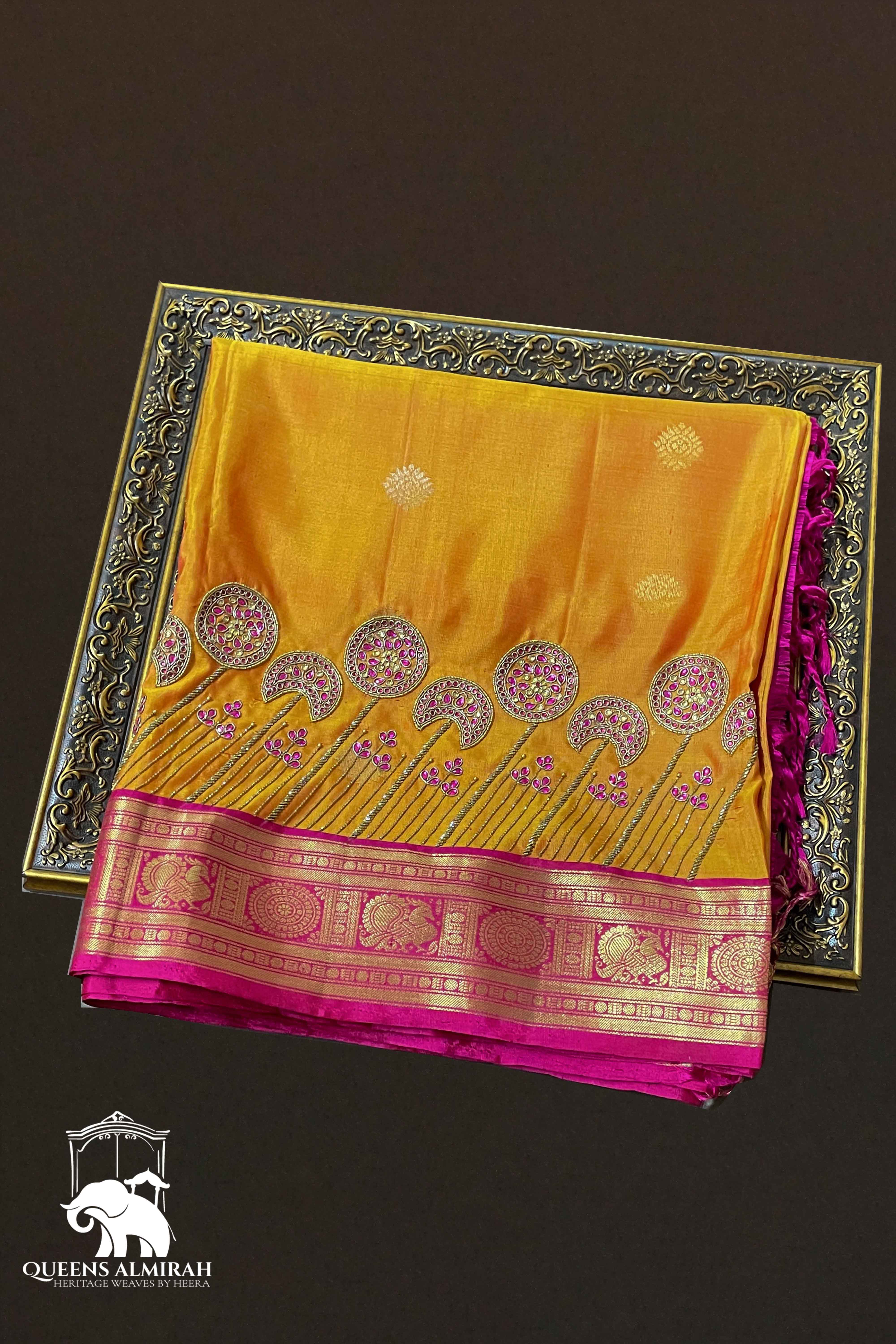 MANGO YELLOW WITH BERRY PINK SOFT SILK SAREE - Queens Jewel Emporium