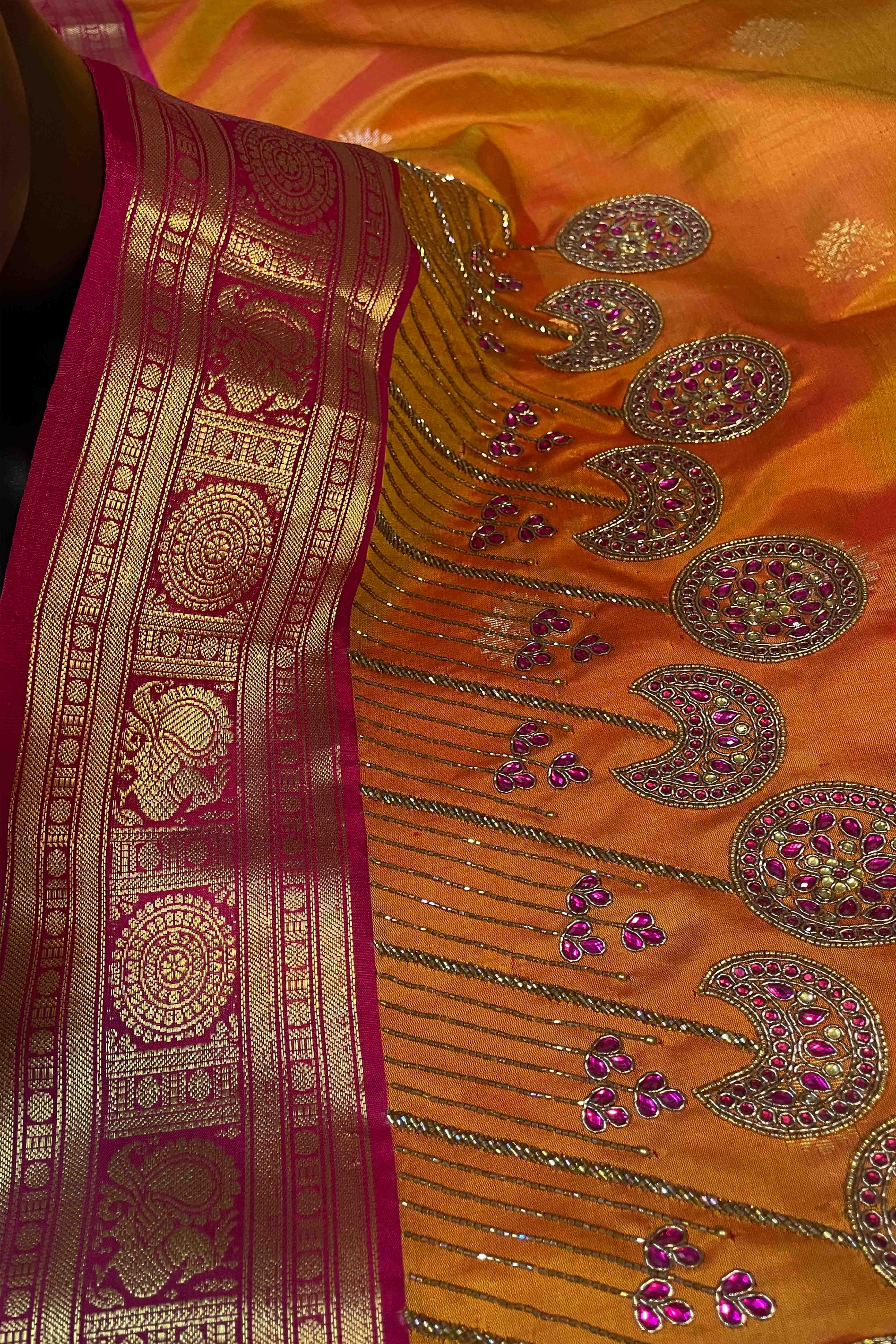 MANGO YELLOW WITH BERRY PINK SOFT SILK SAREE - Queens Jewel Emporium