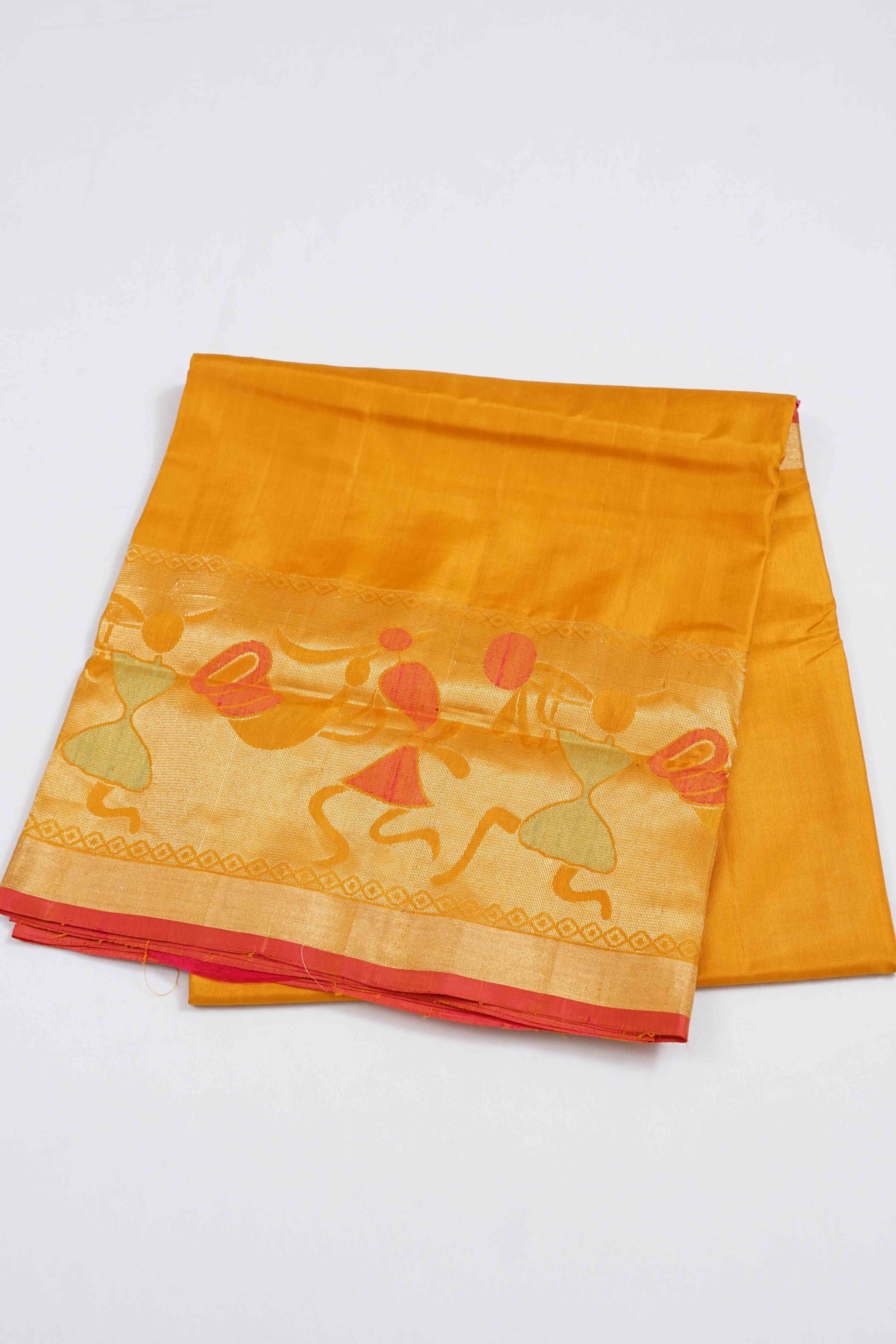 MANGO YELLOW WITH RED PURE SOFT SILK SAREE - Queens Jewel Emporium