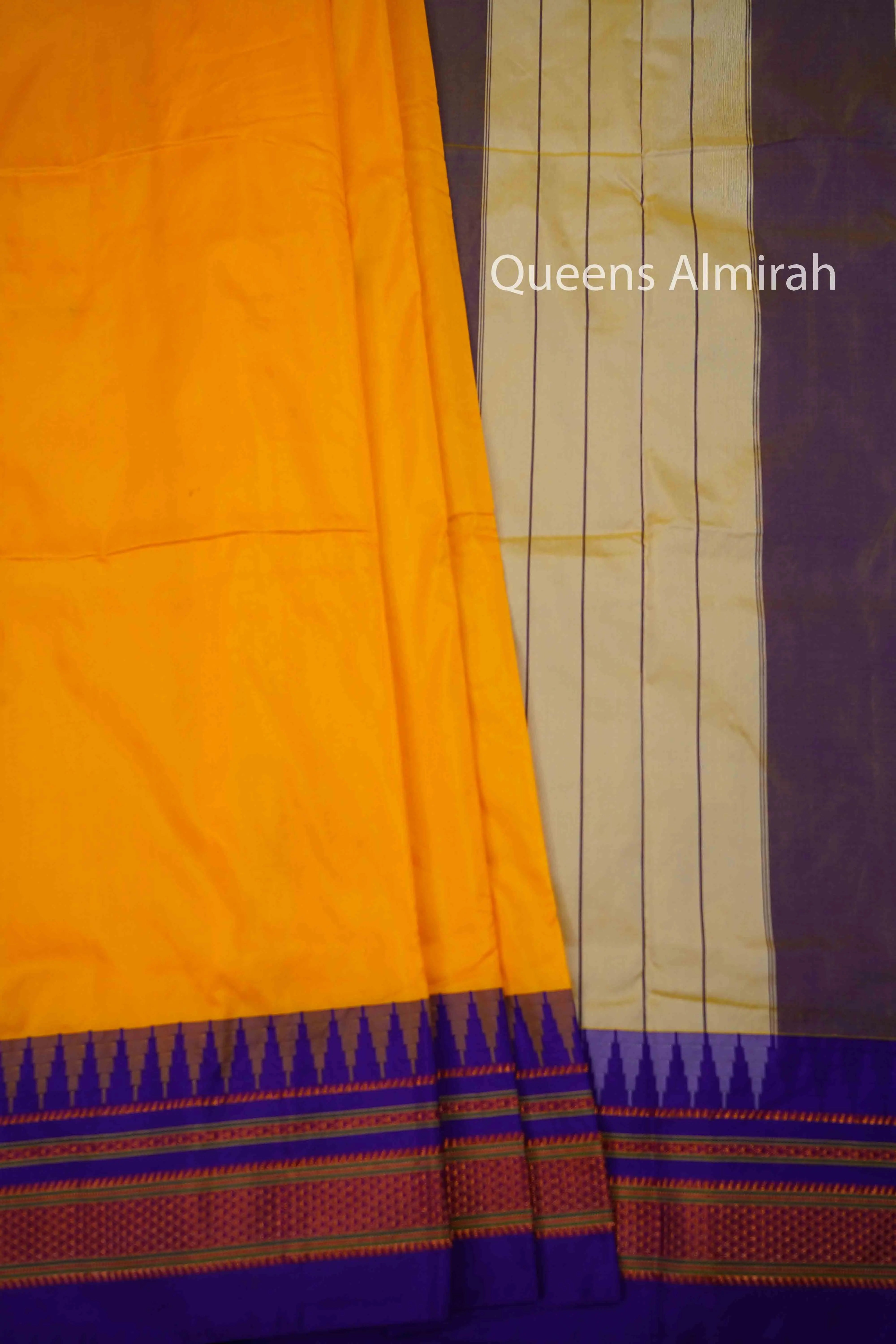 MANGO YELLOW WITH ROYAL PURPLE ILKAL SEMI SILK SAREE - Queens Jewel Emporium