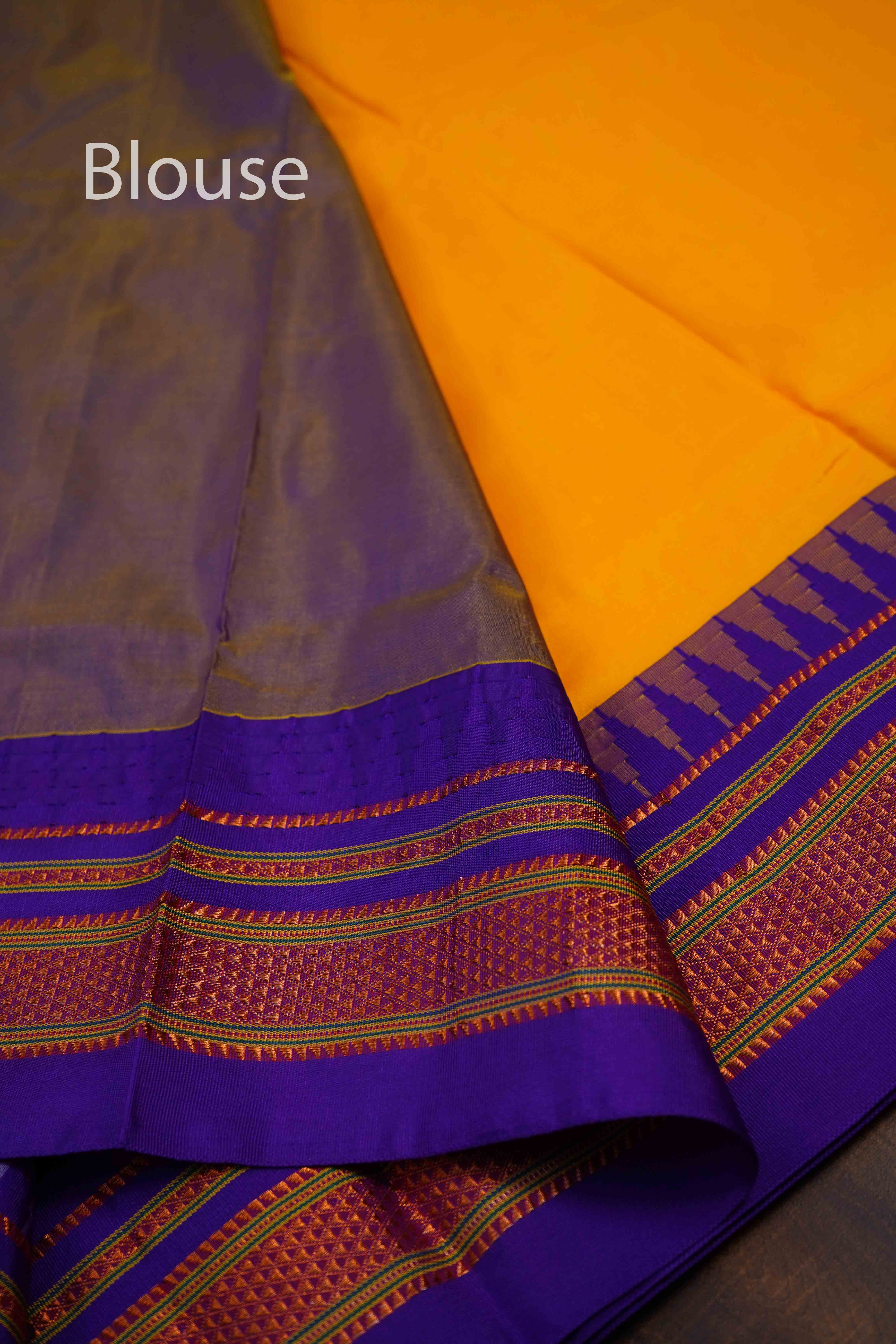MANGO YELLOW WITH ROYAL PURPLE ILKAL SEMI SILK SAREE - Queens Jewel Emporium