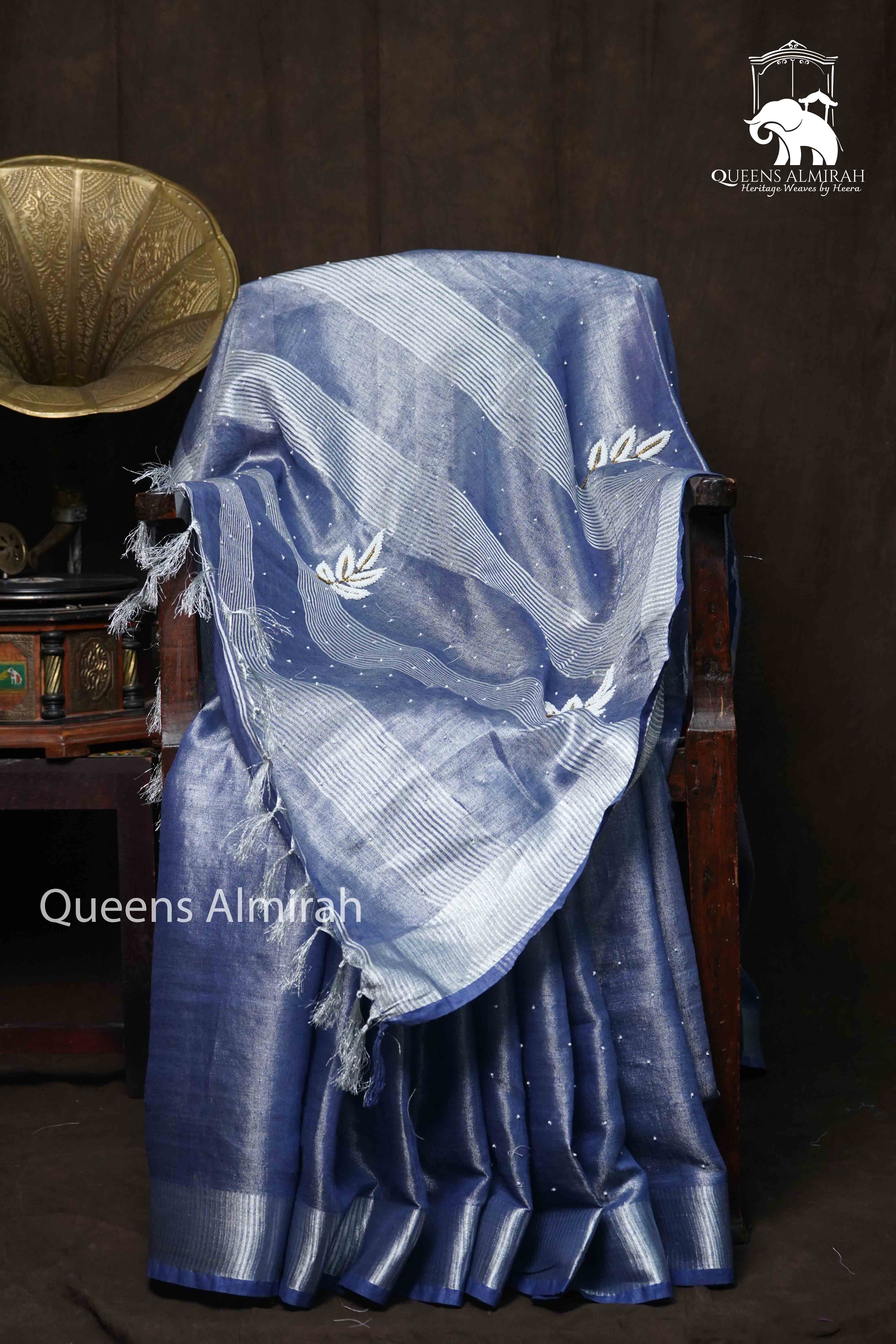 MARBLE BLUE LINEN TISSUE SAREE - Queens Jewel Emporium