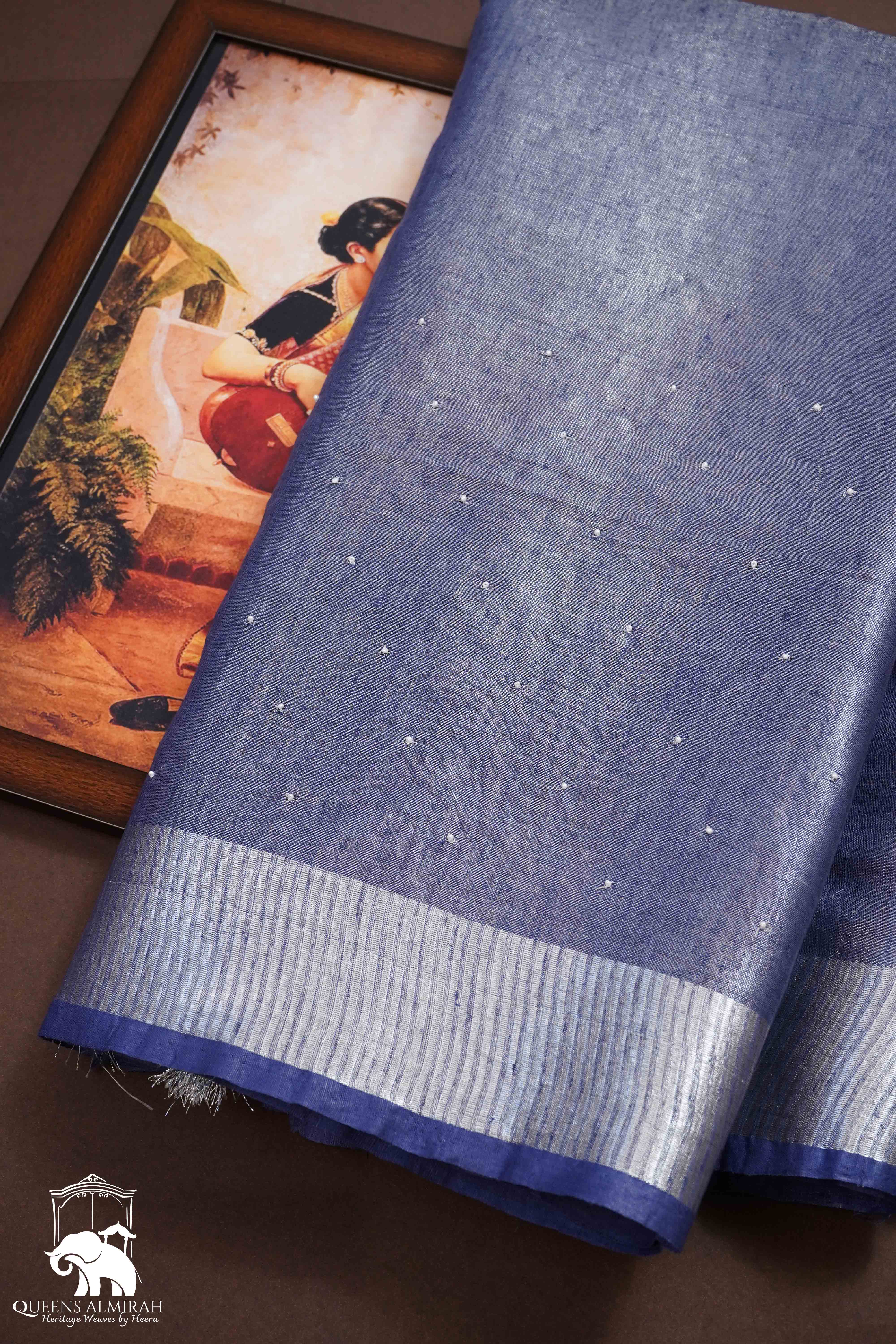 MARBLE BLUE LINEN TISSUE SAREE - Queens Jewel Emporium