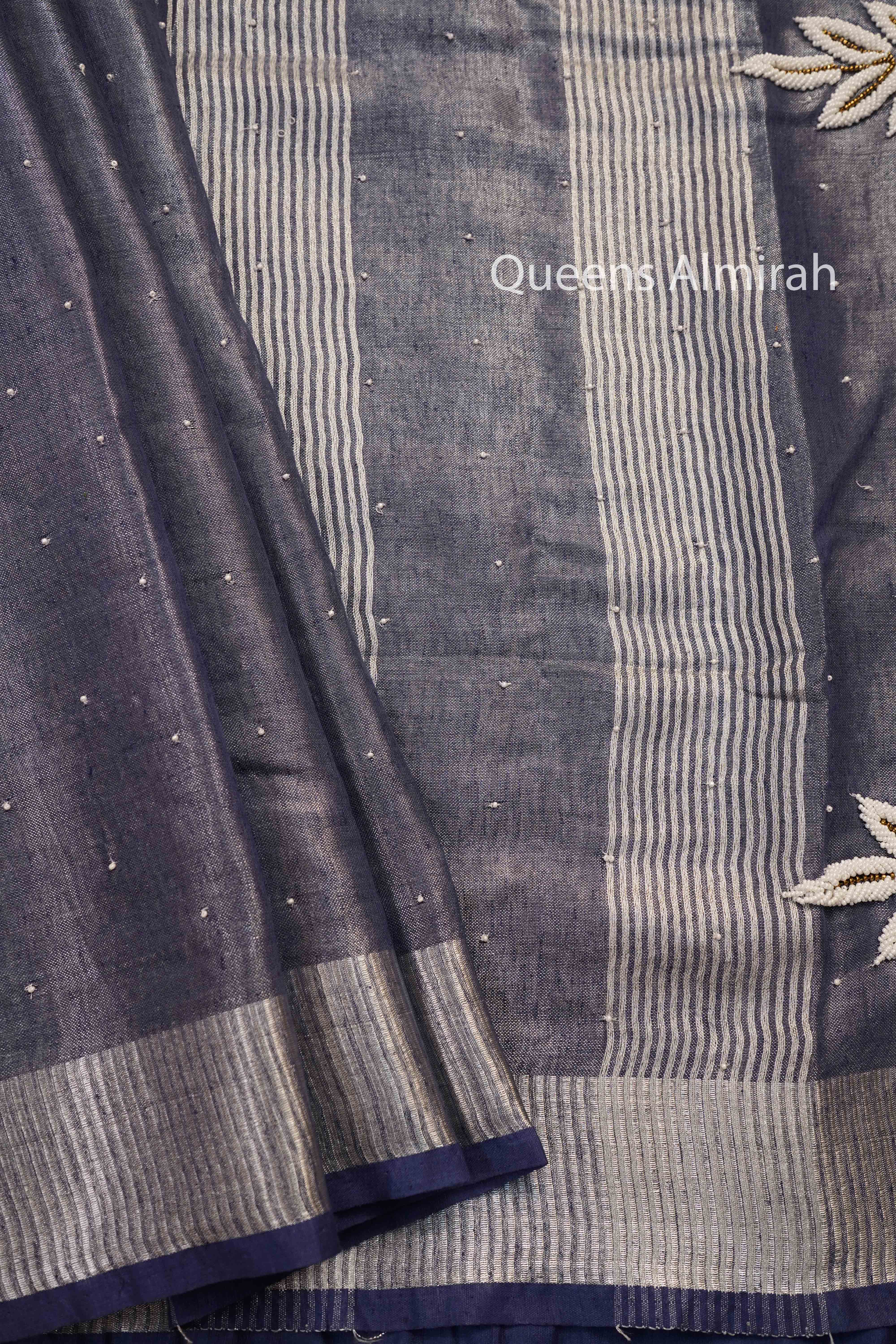 MARBLE BLUE LINEN TISSUE SAREE - Queens Jewel Emporium