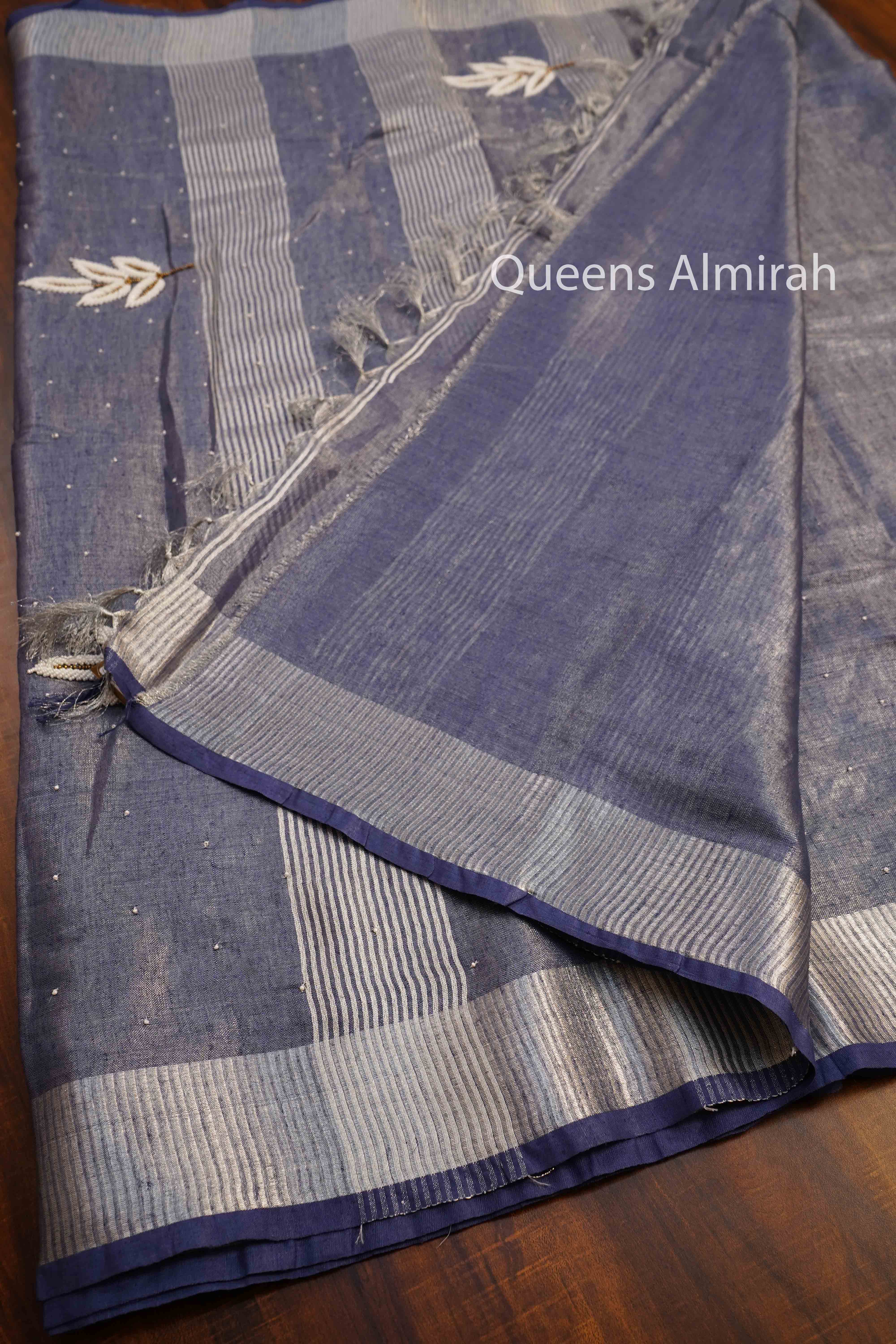 MARBLE BLUE LINEN TISSUE SAREE - Queens Jewel Emporium