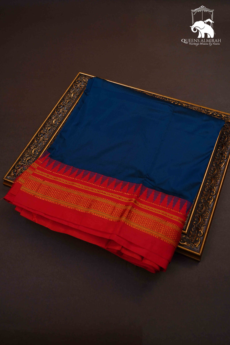 MARINE BLUE RED ILKAL SEMI SILK SAREE - Queens Jewel Emporium