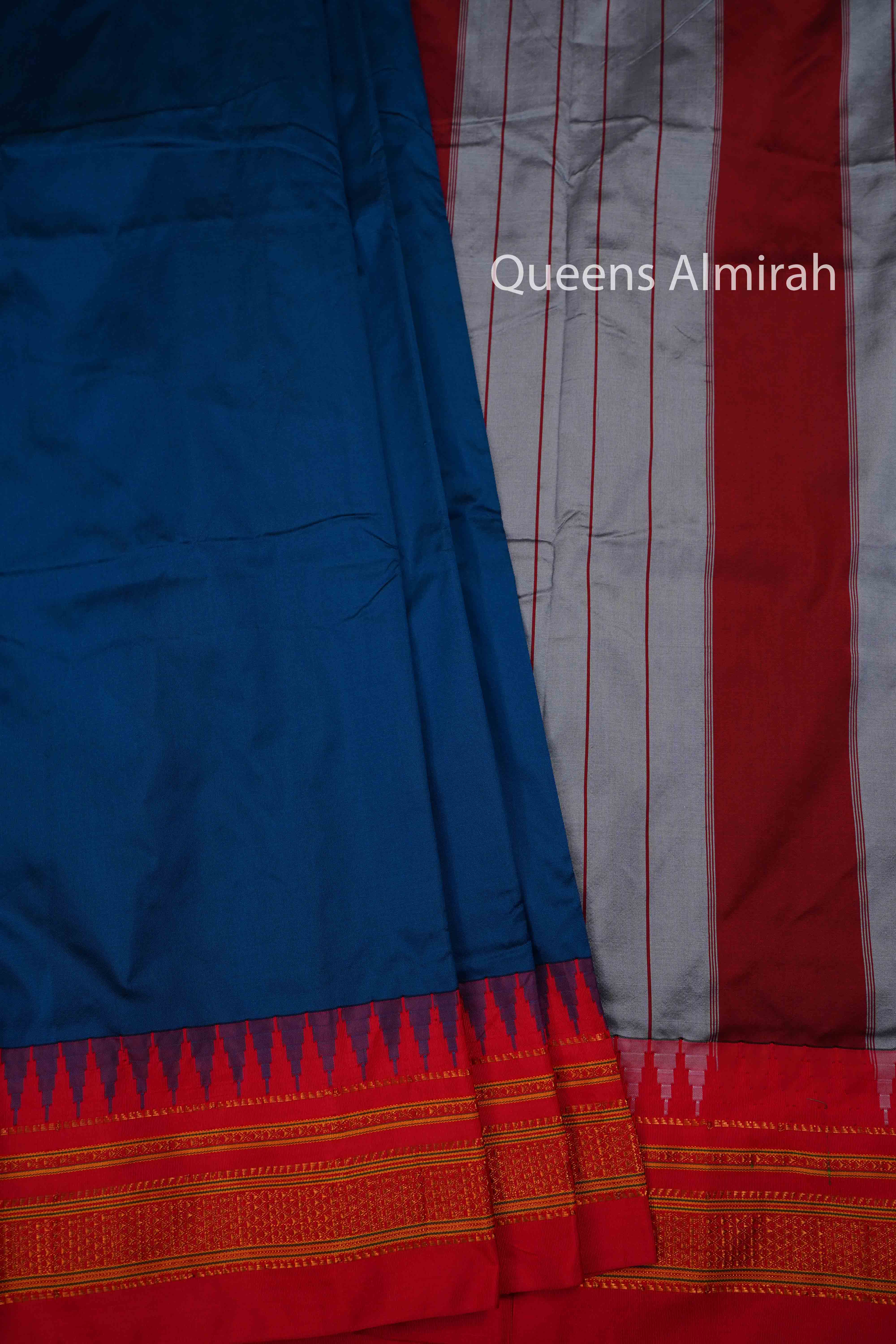 MARINE BLUE RED ILKAL SEMI SILK SAREE - Queens Jewel Emporium