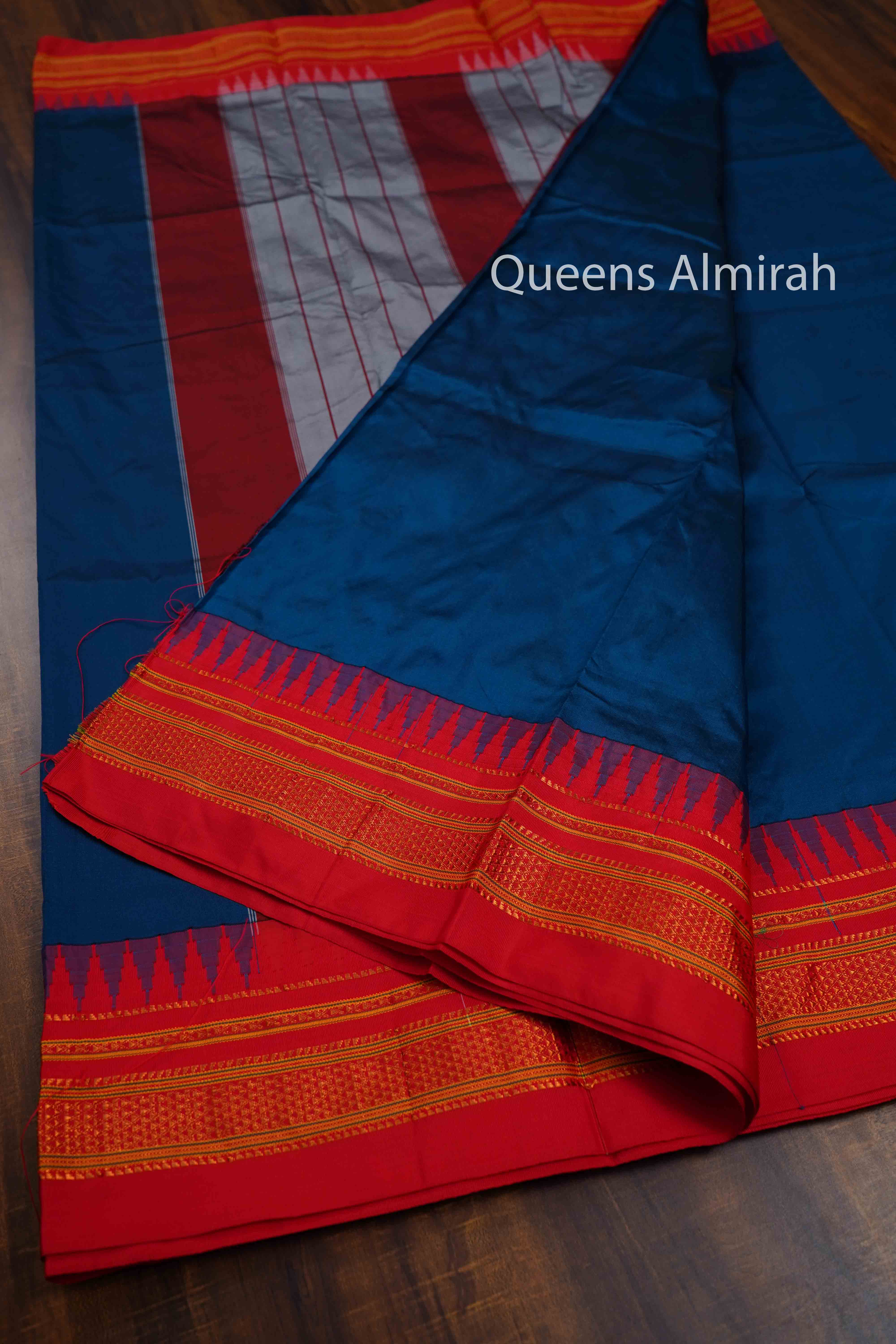 MARINE BLUE RED ILKAL SEMI SILK SAREE - Queens Jewel Emporium