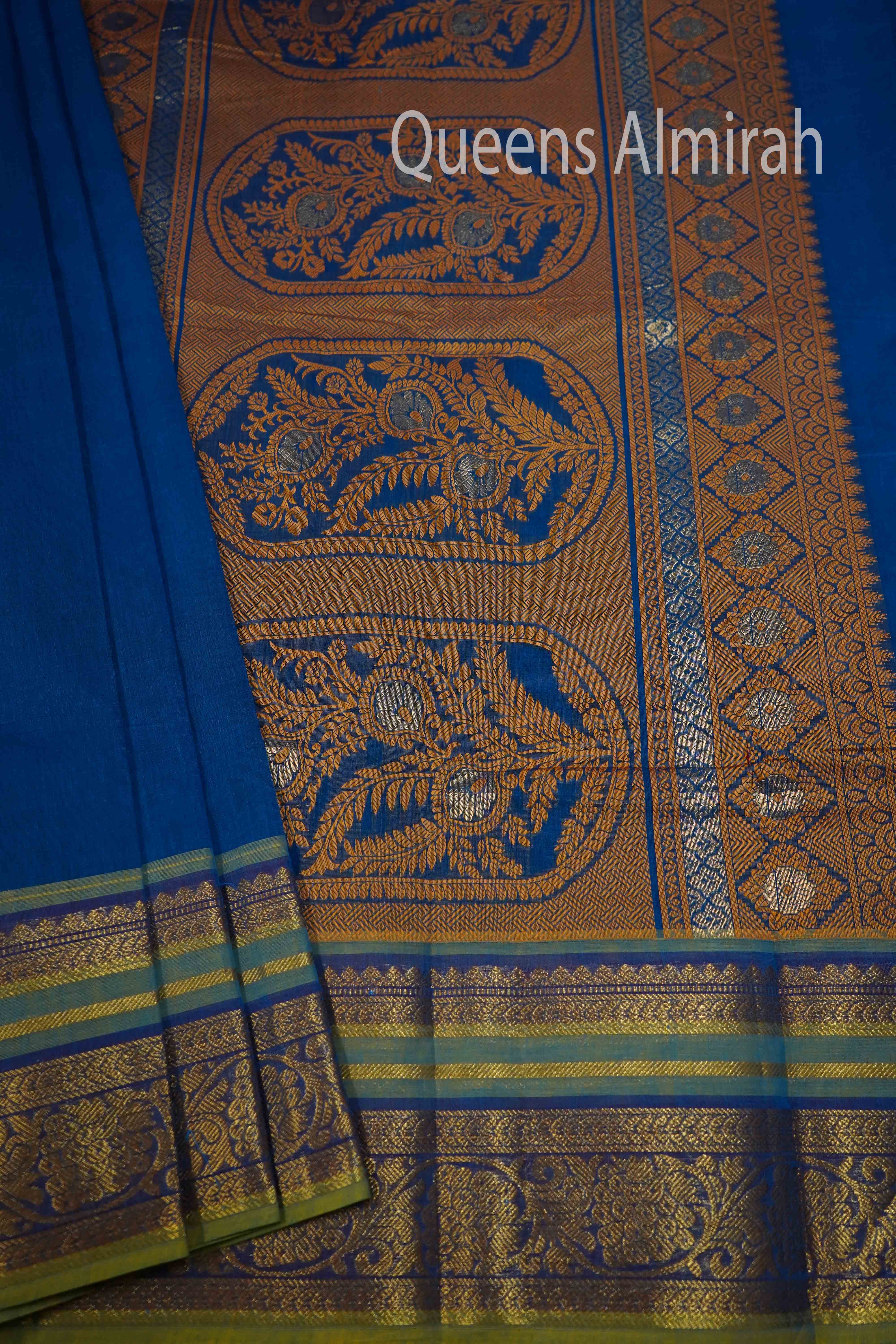 MARINE BLUE WITH MUDDY GREEN KANCHI COTTON SAREE - Queens Jewel Emporium