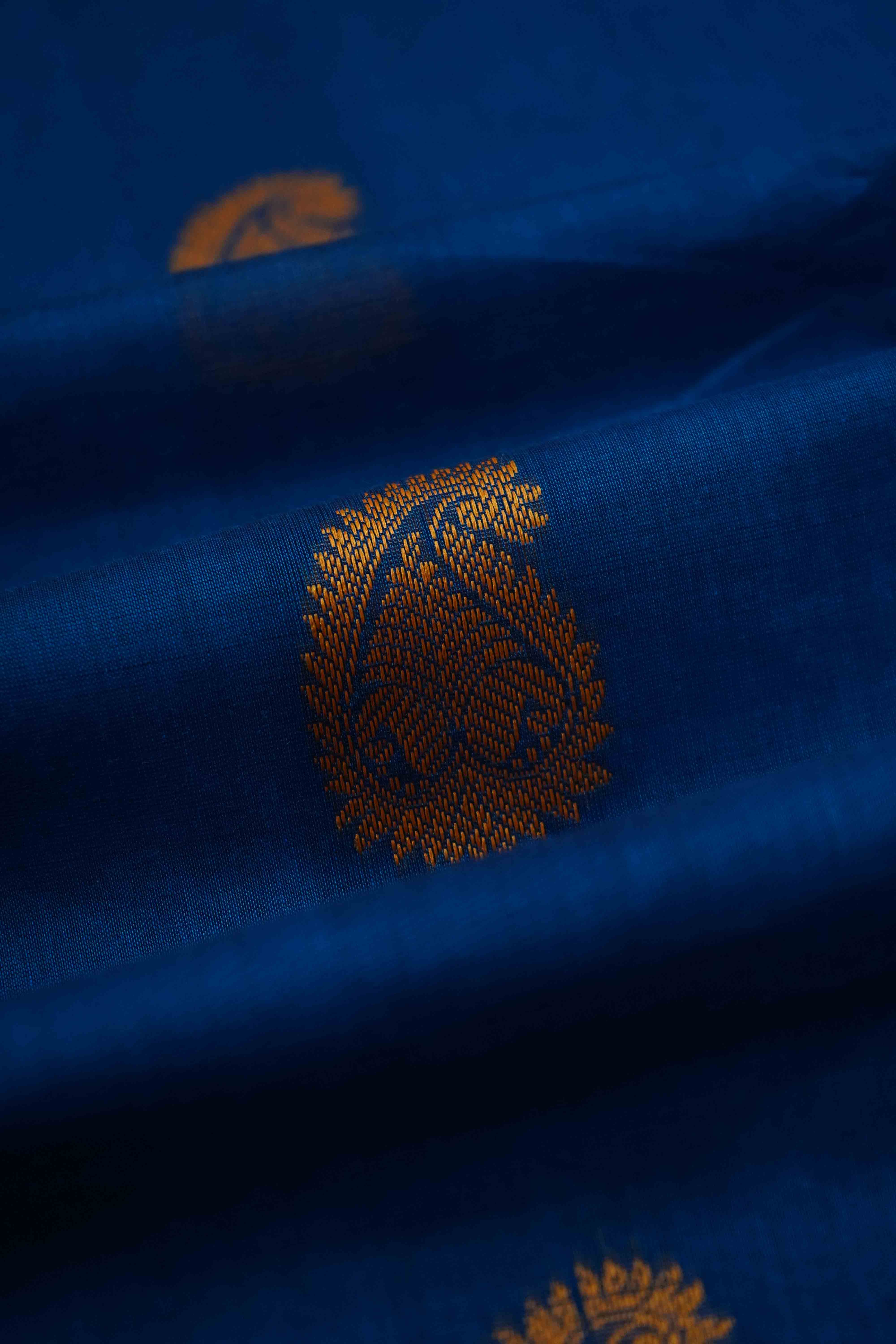 MARINE BLUE WITH MUDDY GREEN KANCHI COTTON SAREE - Queens Jewel Emporium