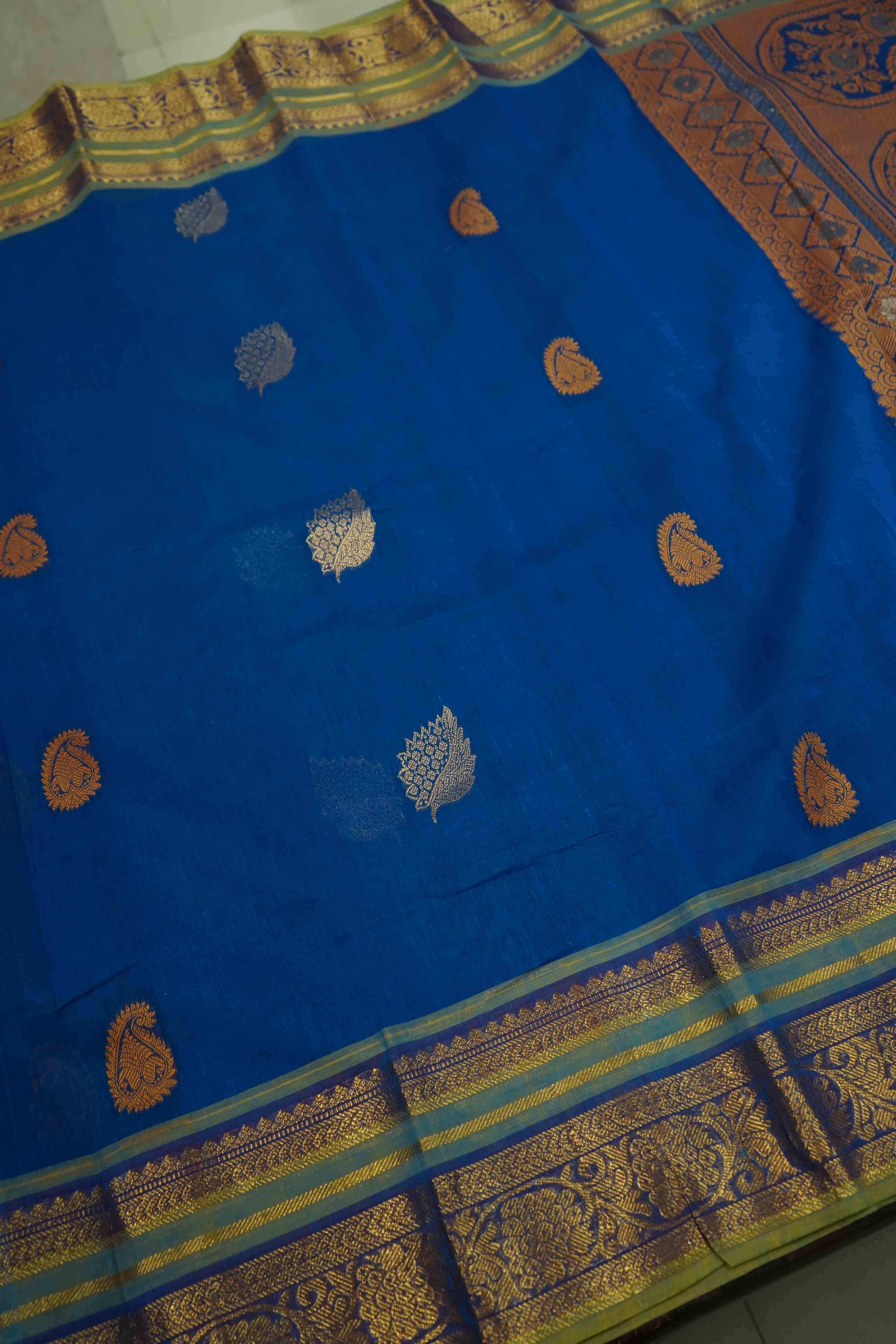 MARINE BLUE WITH MUDDY GREEN KANCHI COTTON SAREE - Queens Jewel Emporium