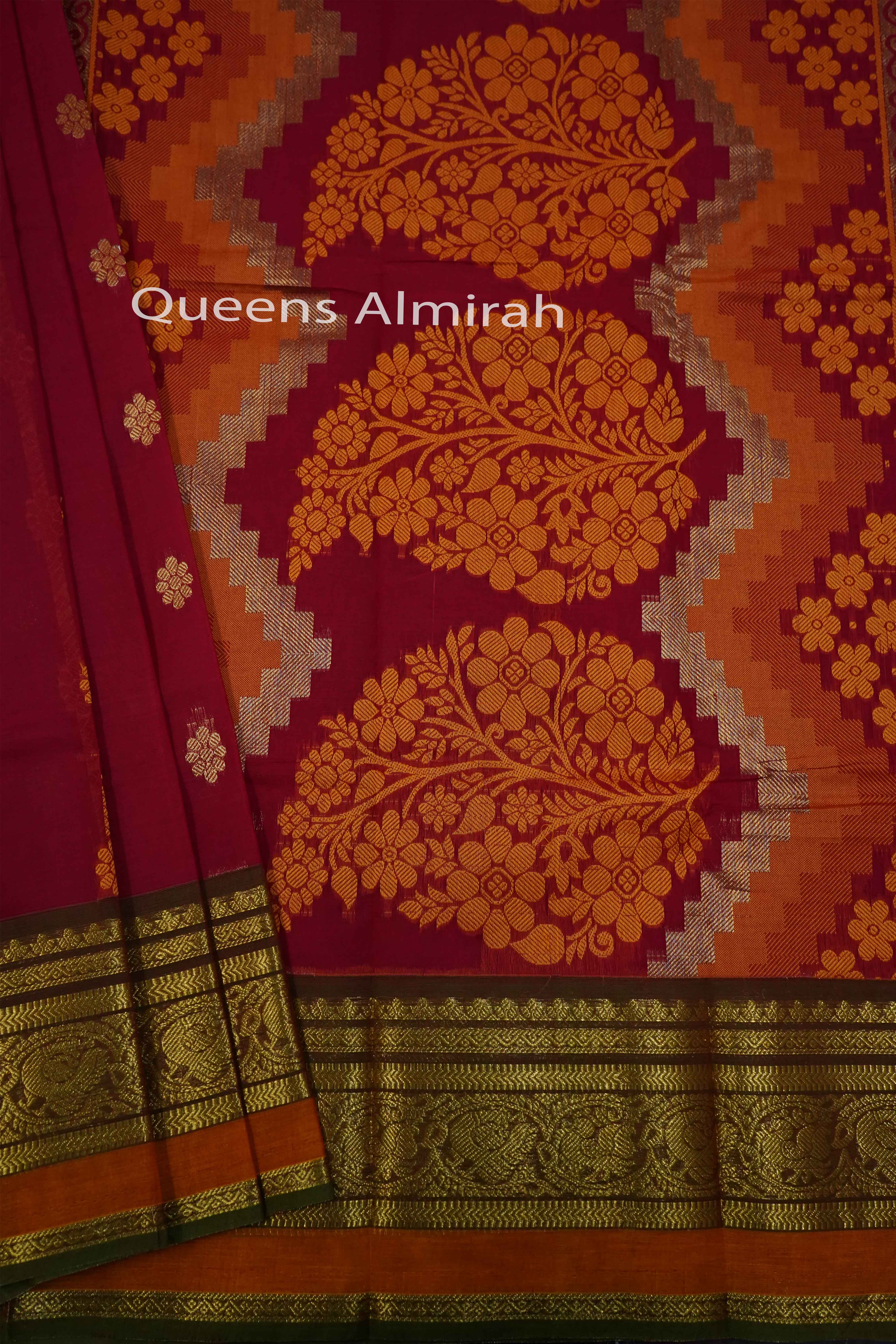MAROON WITH DARK OLIVE KANCHI COTTON SAREE - Queens Jewel Emporium
