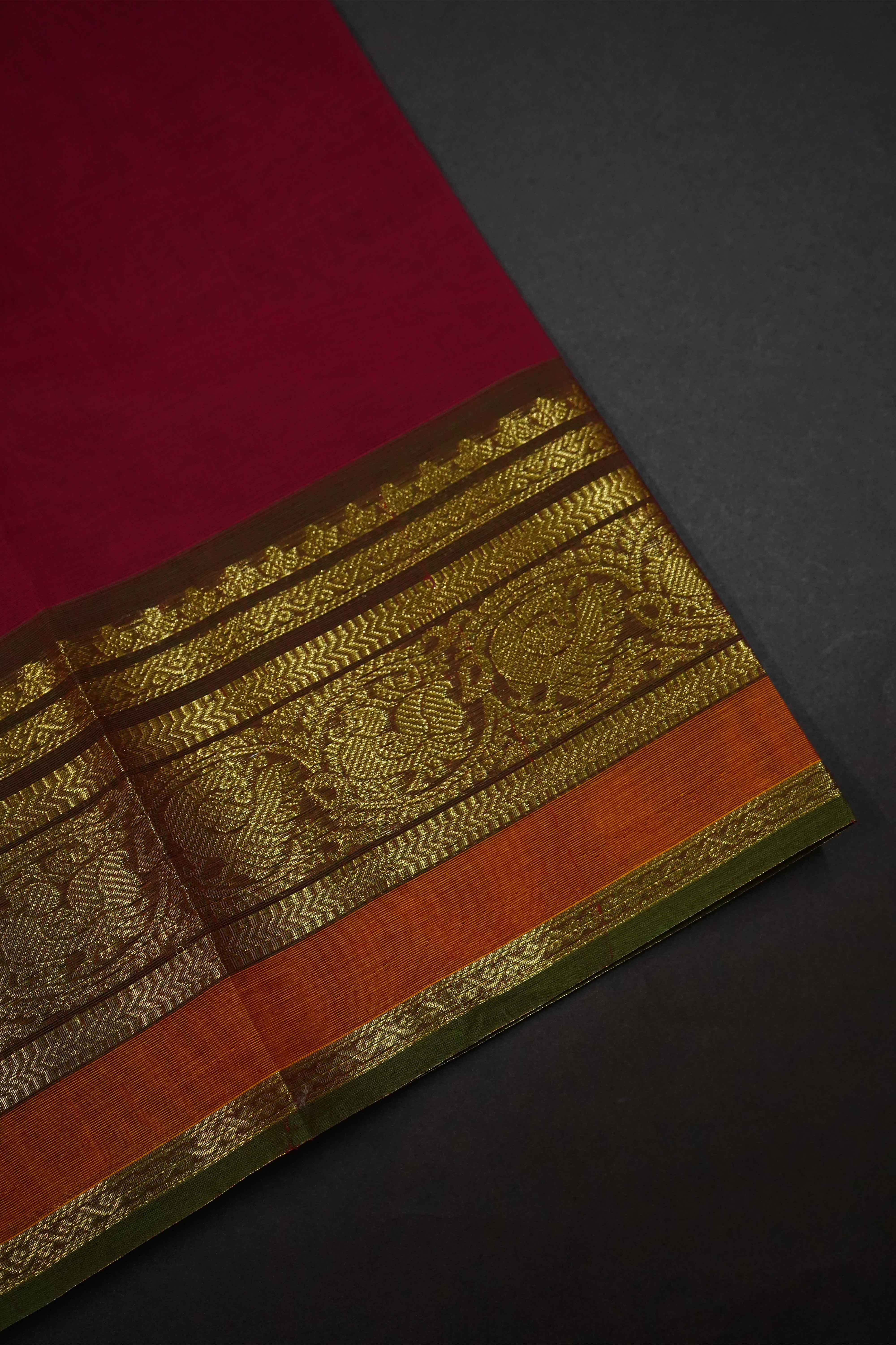 MAROON WITH DARK OLIVE KANCHI COTTON SAREE - Queens Jewel Emporium