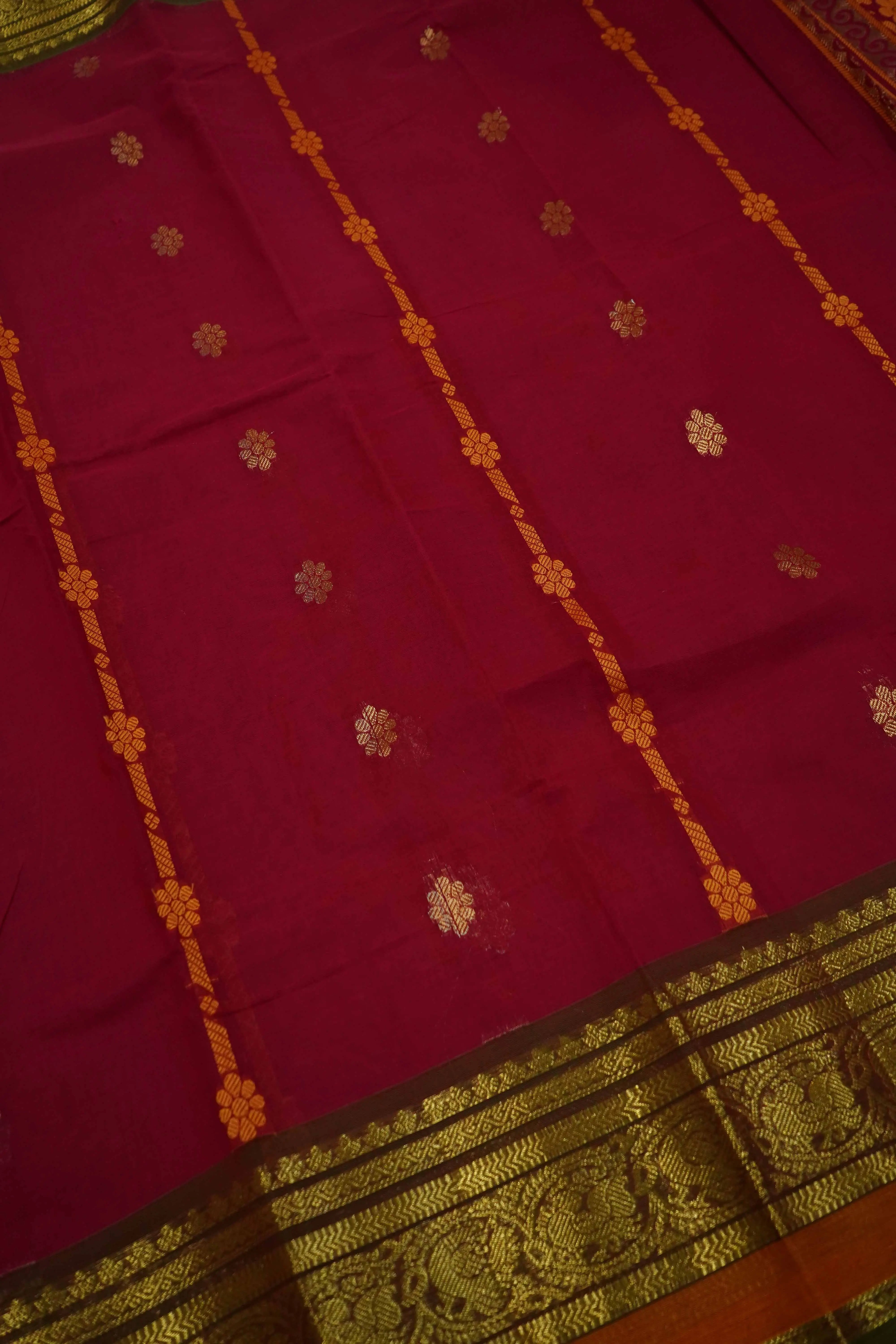 MAROON WITH DARK OLIVE KANCHI COTTON SAREE - Queens Jewel Emporium