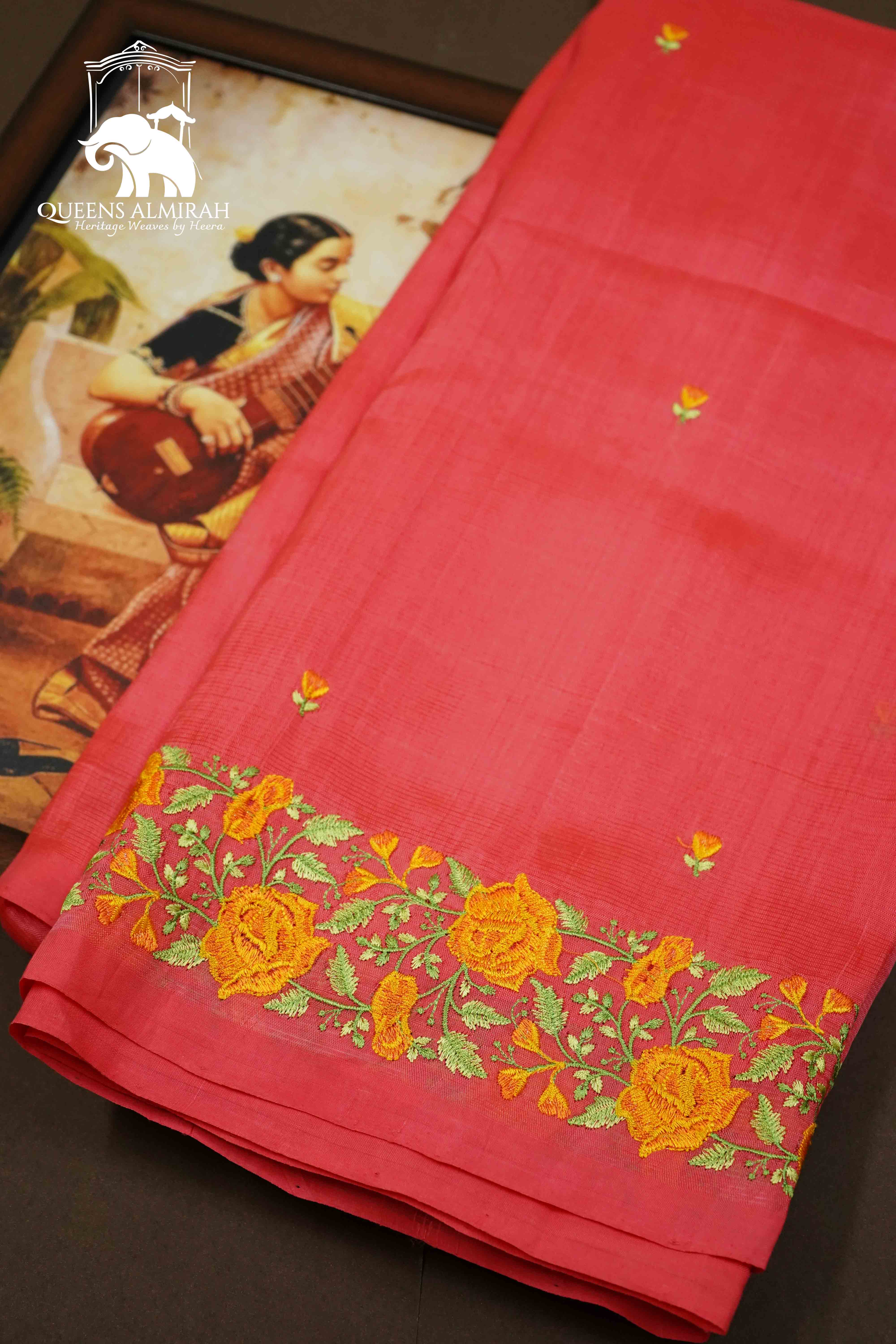 MARY GOLD ORANGE MANGALGIRI WITH EMBROIDERY SAREE - Queens Jewel Emporium