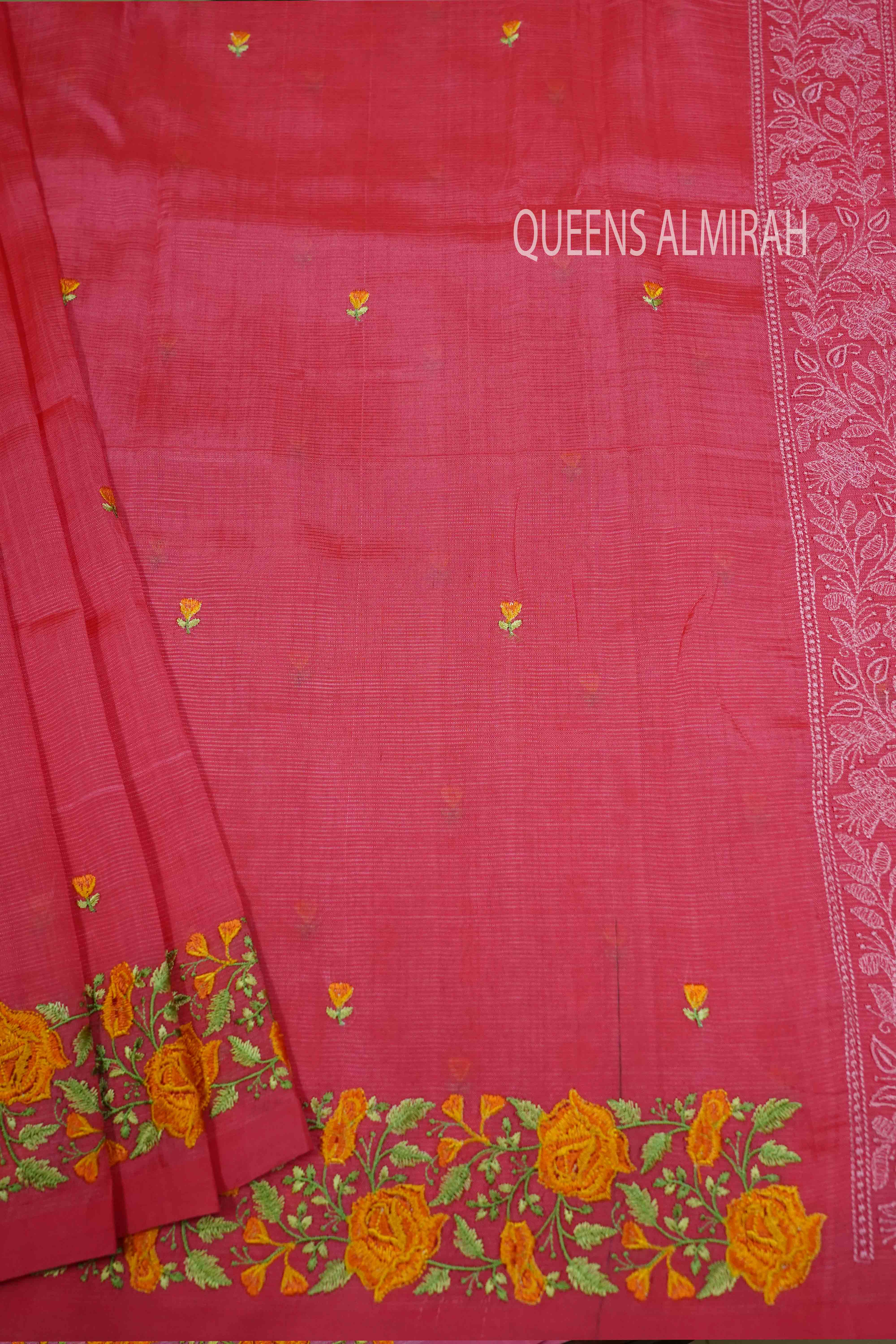 MARY GOLD ORANGE MANGALGIRI WITH EMBROIDERY SAREE - Queens Jewel Emporium