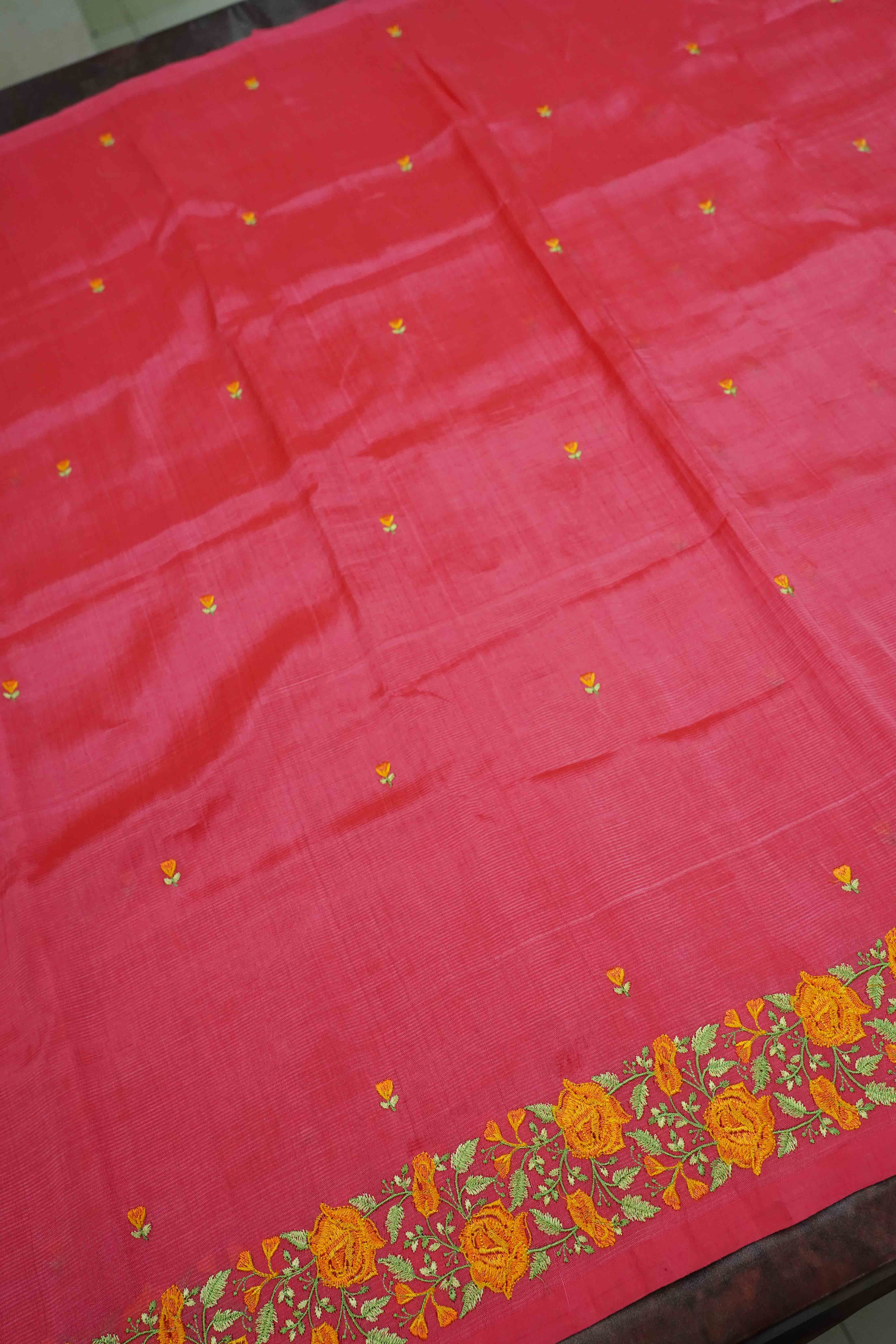 MARY GOLD ORANGE MANGALGIRI WITH EMBROIDERY SAREE - Queens Jewel Emporium