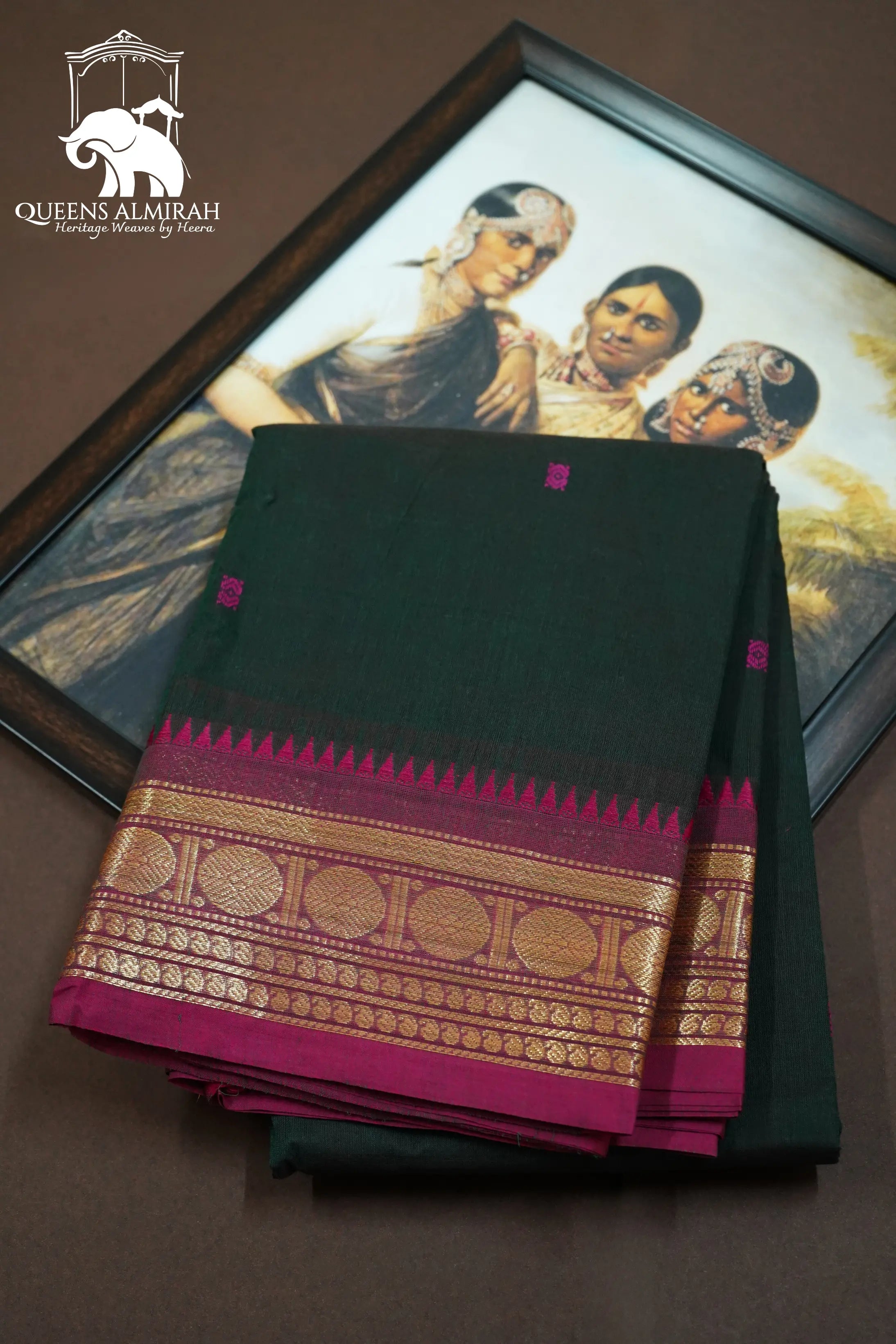 MEDIUM JUNGLE WITH DARK RASPBERRY KANCHI COTTON SAREE - Queens Jewel Emporium