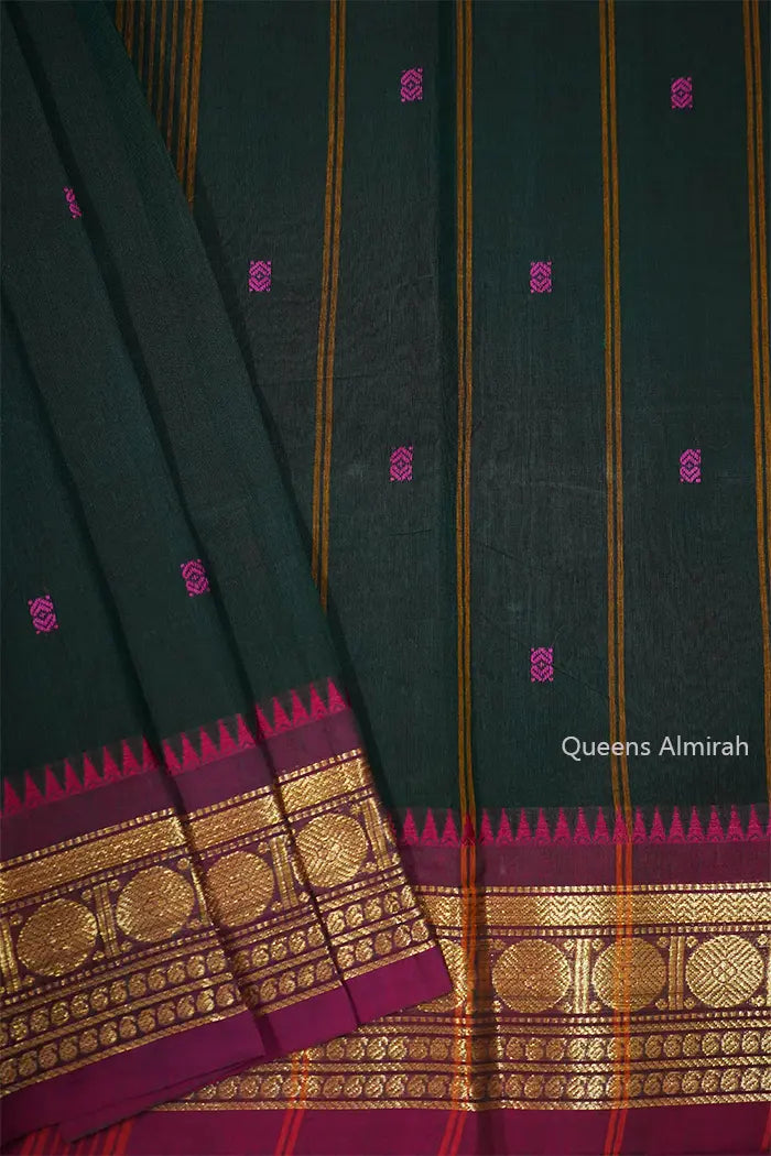 MEDIUM JUNGLE WITH DARK RASPBERRY KANCHI COTTON SAREE - Queens Jewel Emporium