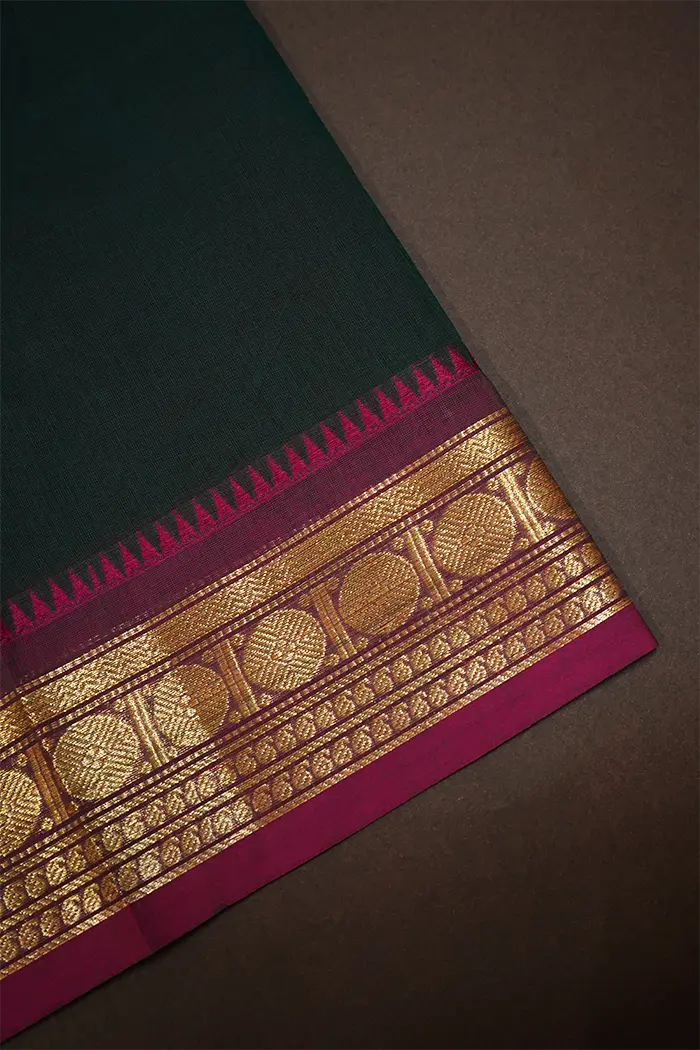 MEDIUM JUNGLE WITH DARK RASPBERRY KANCHI COTTON SAREE - Queens Jewel Emporium