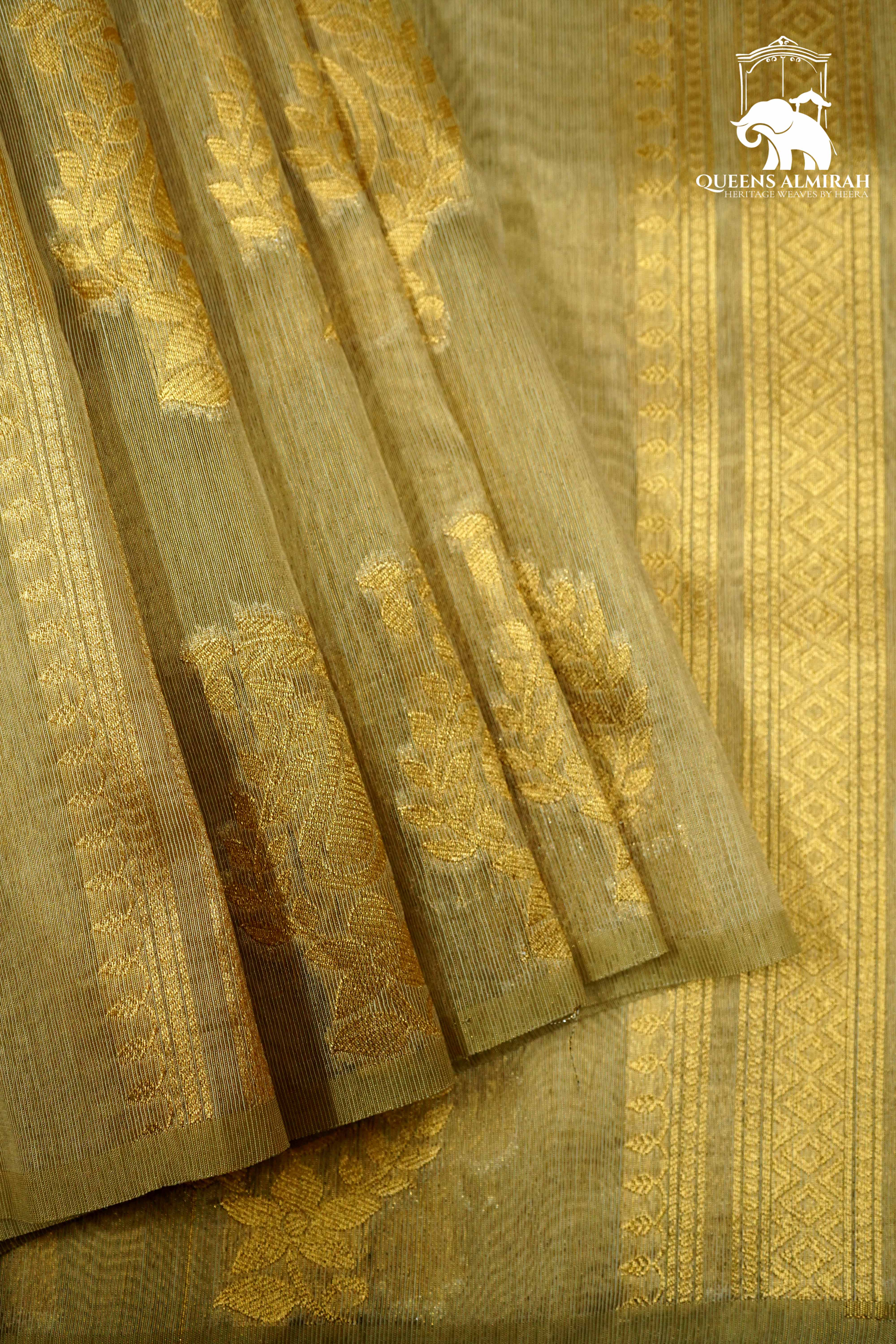 METALIC GOLD WITH WOVEN BORDER ORGANZA SAREE - Queens Jewel Emporium