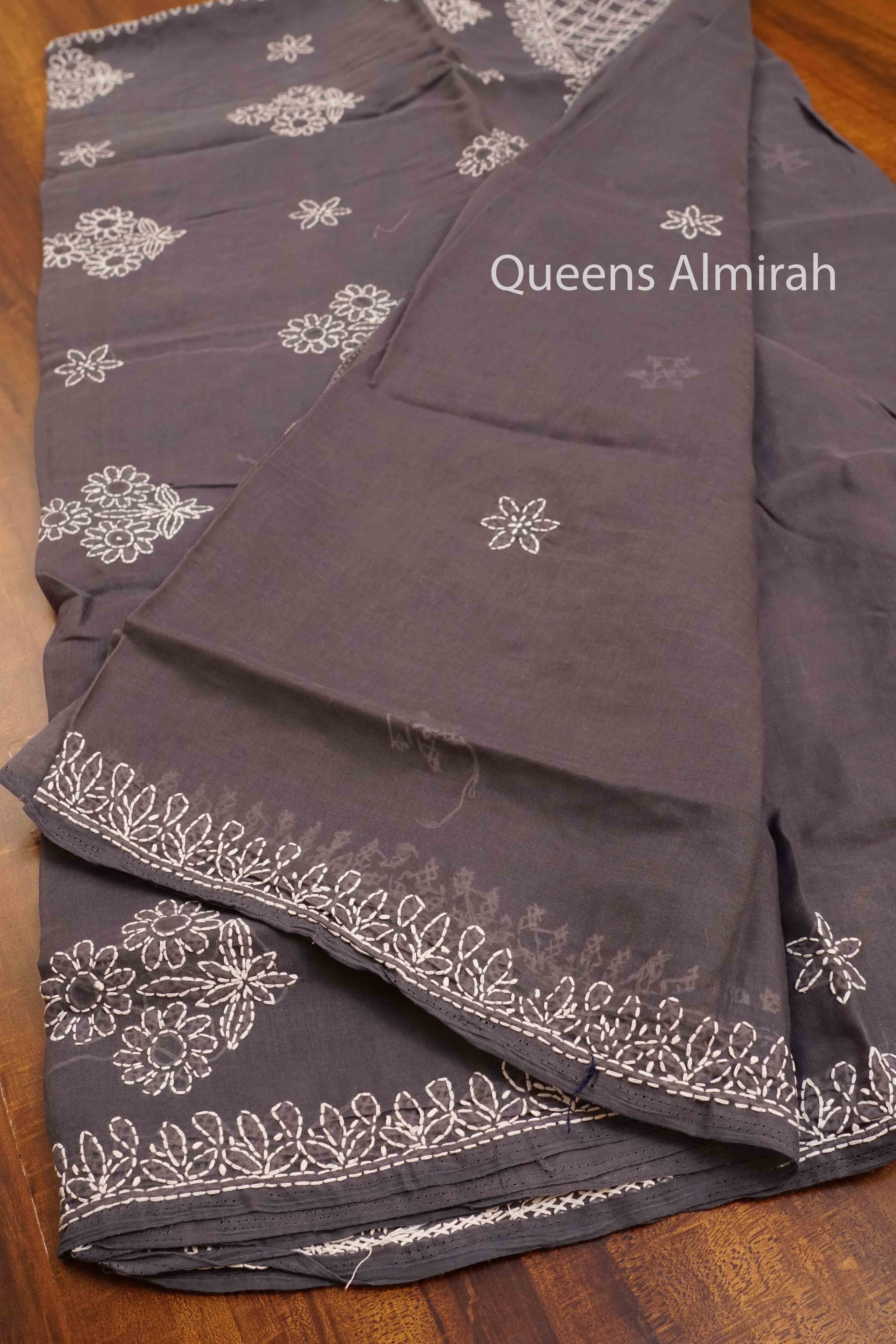 MID GREY CHIKANKARI COTTON SAREE - Queens Jewel Emporium