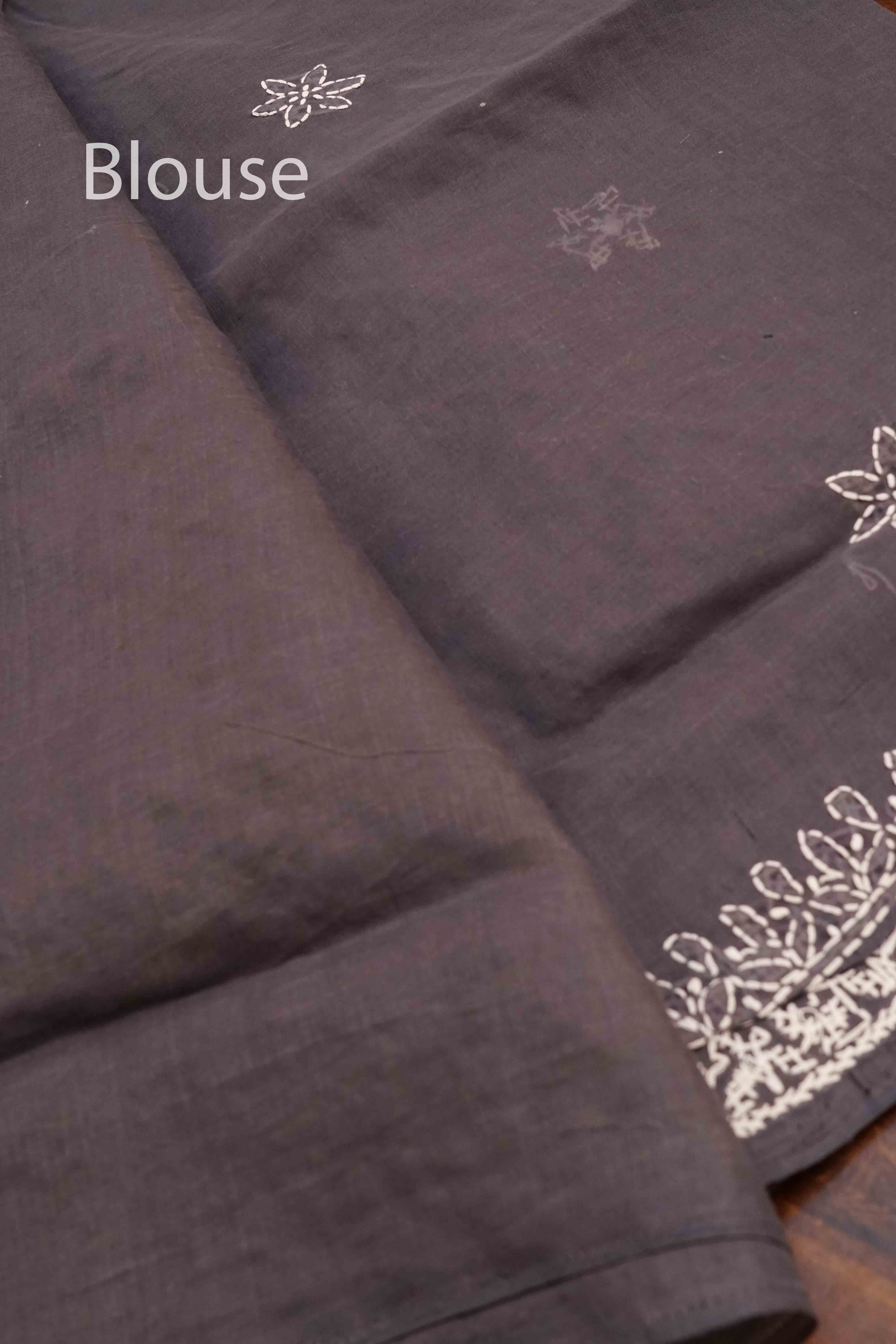 MID GREY CHIKANKARI COTTON SAREE - Queens Jewel Emporium