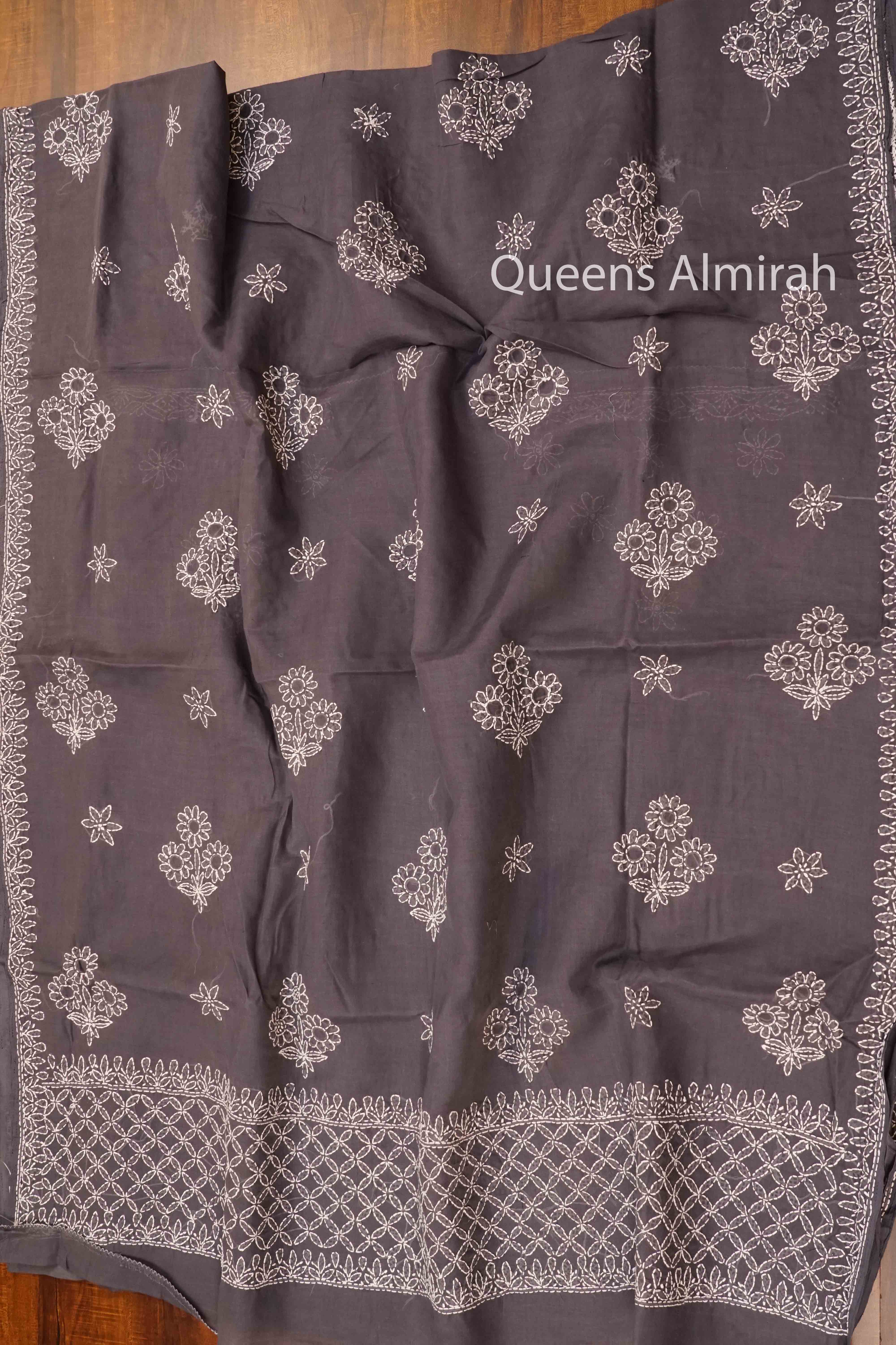 MID GREY CHIKANKARI COTTON SAREE - Queens Jewel Emporium