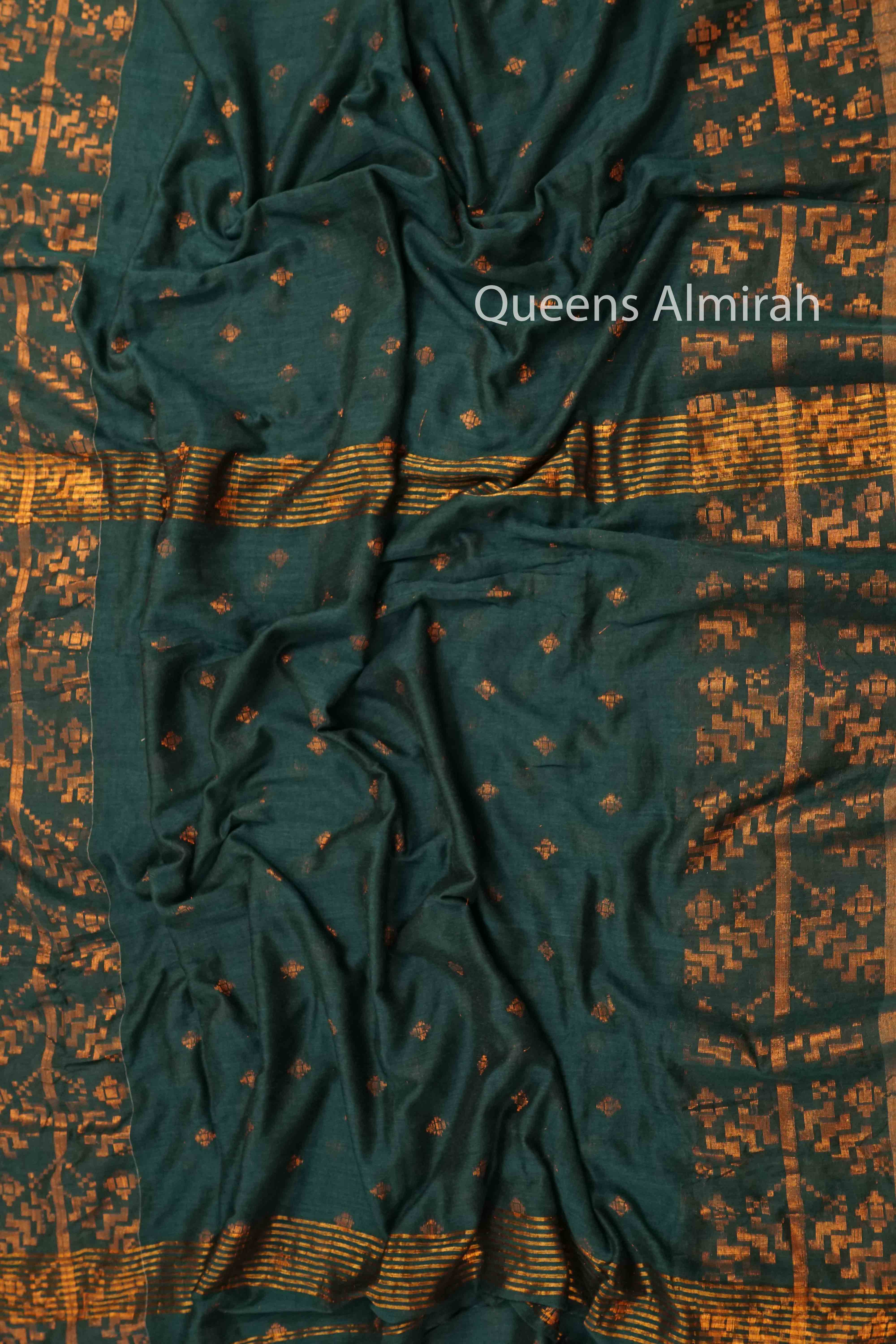 MINERAL GREEN JAMDANI COTTON SAREE - Queens Jewel Emporium