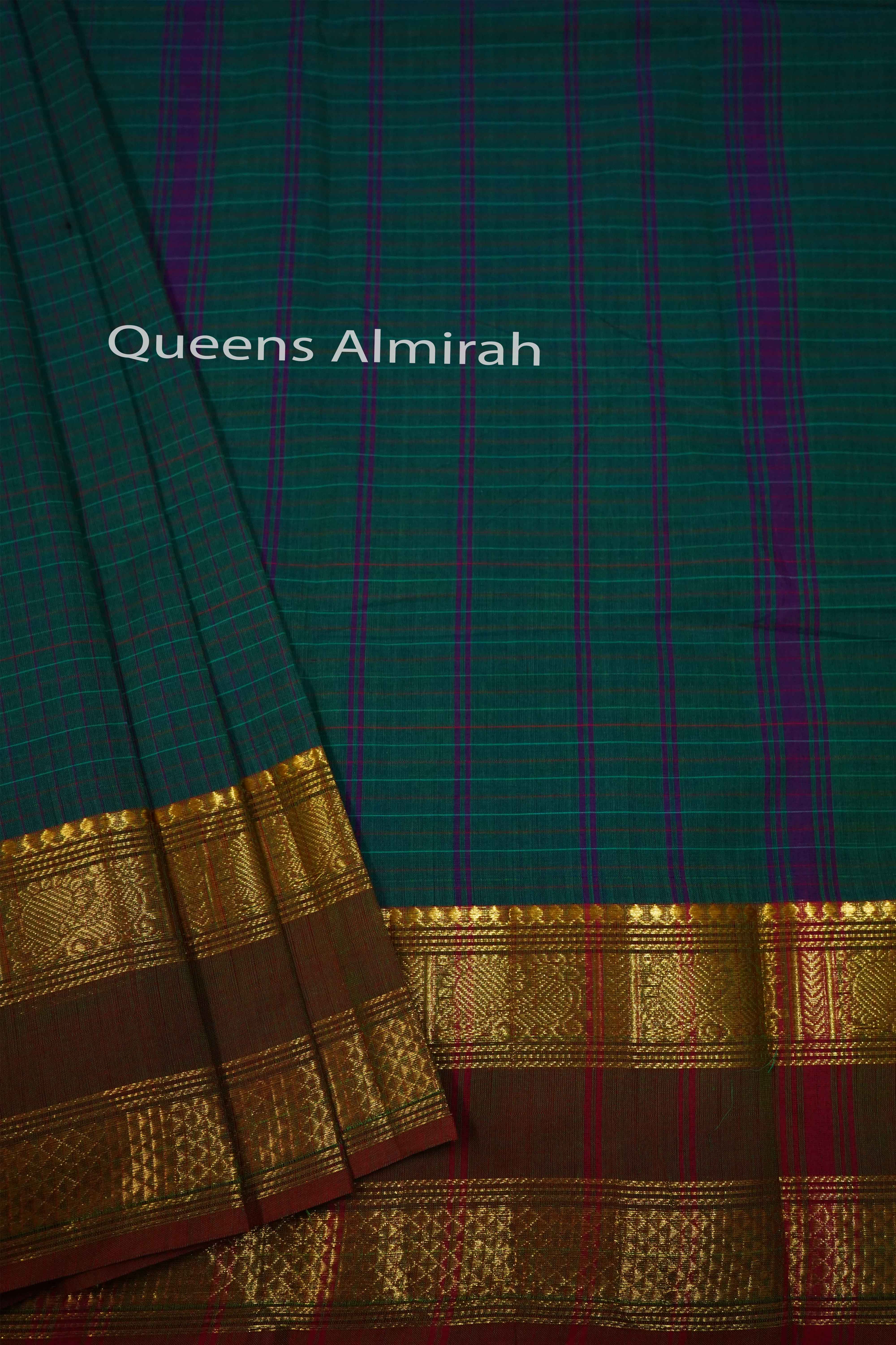 MINERAL GREEN WITH DEEP SEA KANCHI COTTON SAREE - Queens Jewel Emporium