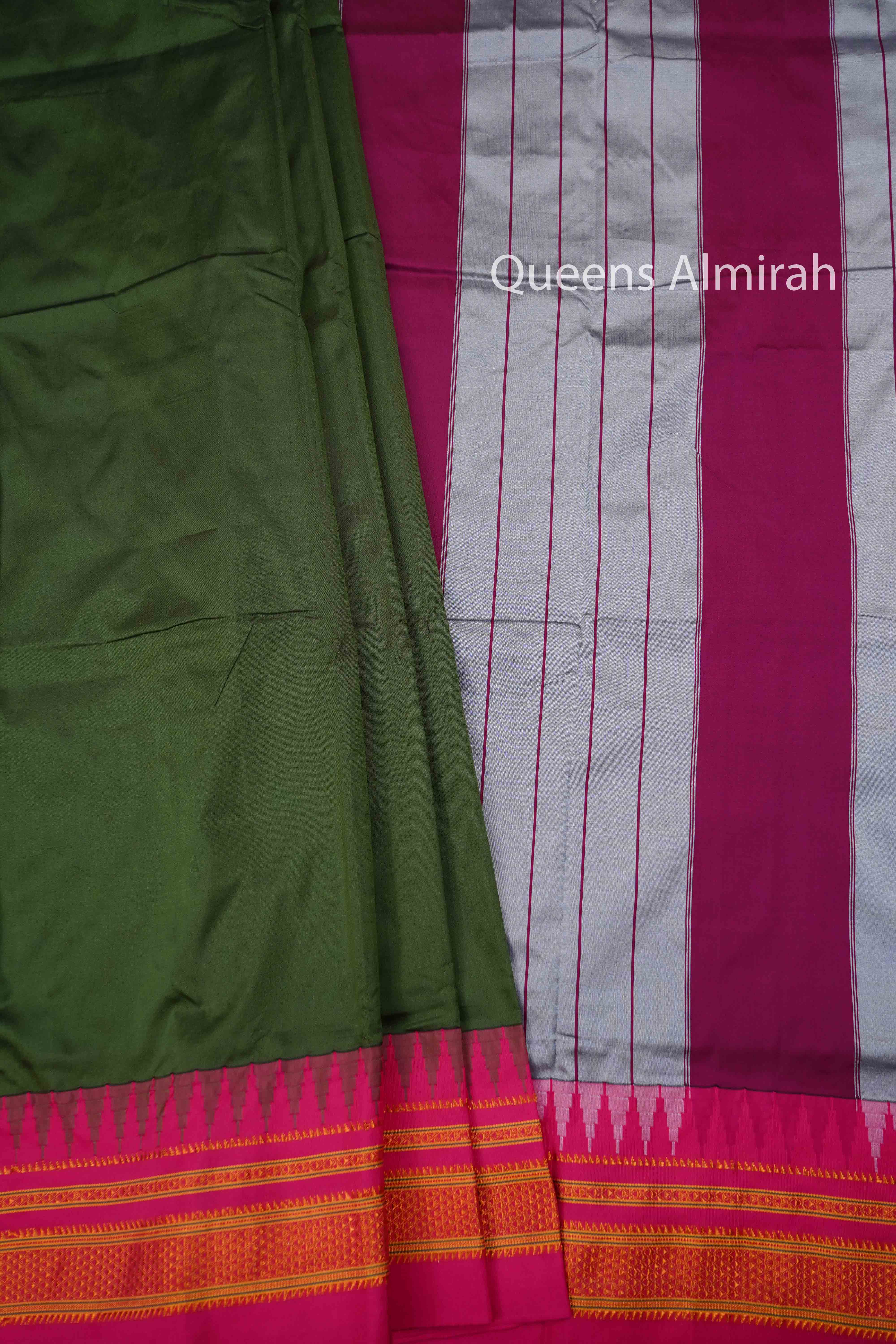 MINERAL GREEN WITH RASPBERRY PINK ILKAL SEMI SILK SAREE - Queens Jewel Emporium